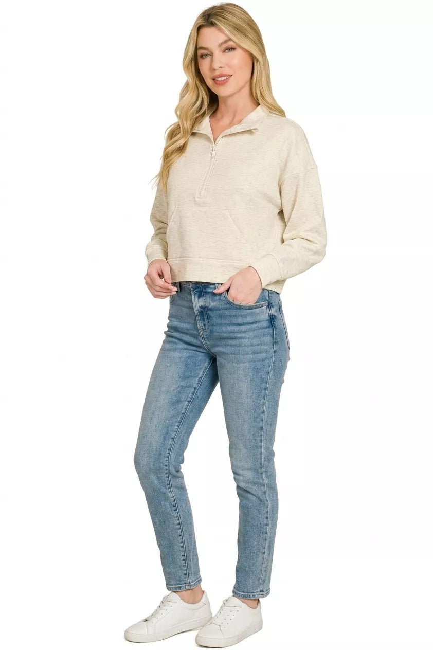 Zenana Scuba Half Zip Pullover With Kangaroo Pockets