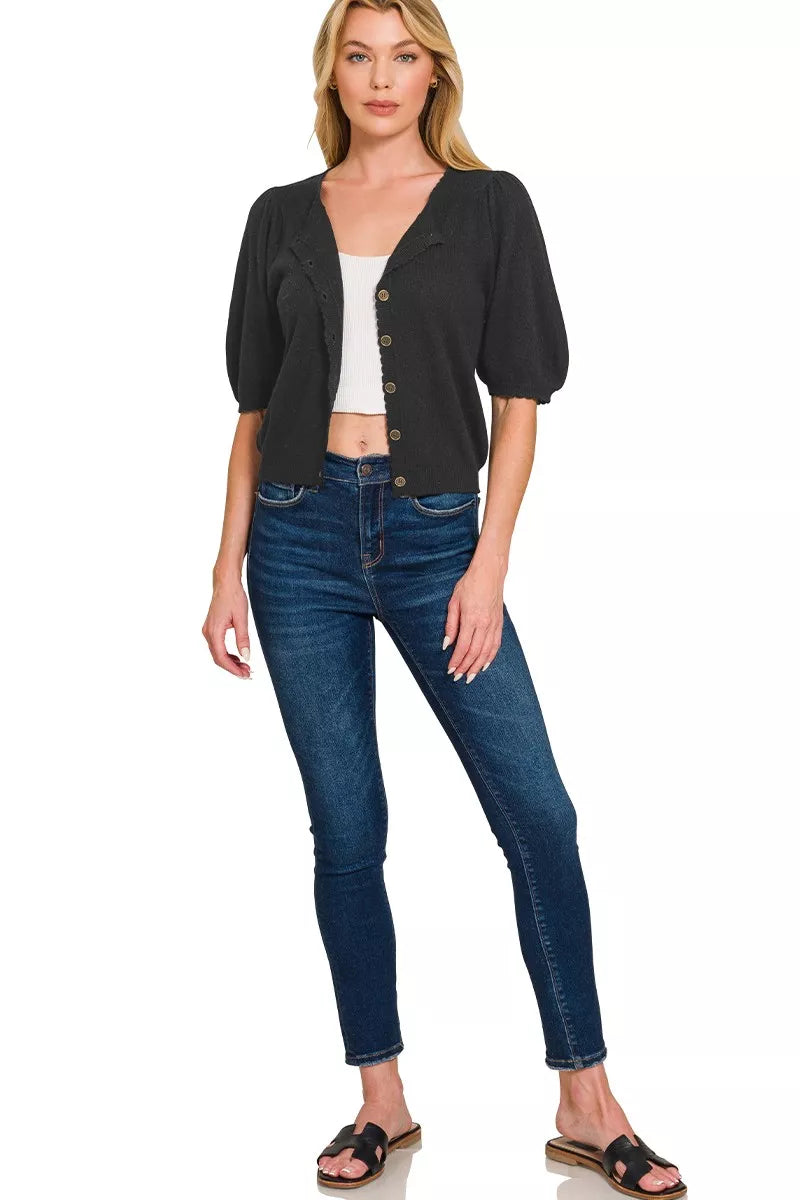 Zenana Puff Sleeve Wool Sweater Cardigan