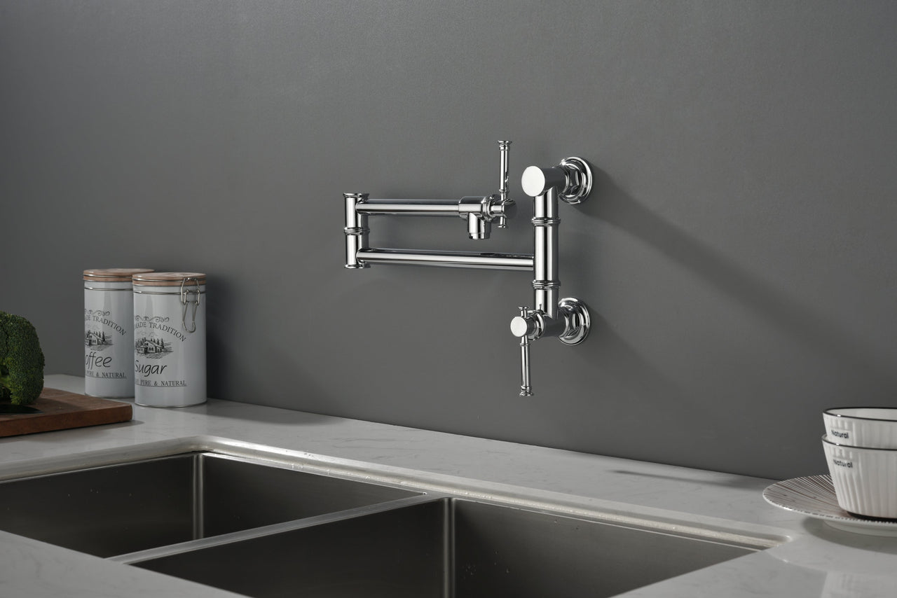 Wall mounted Pot Filler Faucet, Modern Brass Pot Filler Two-Attachment Wall Mount Folding Kitchen Pot Filler Swing Arm