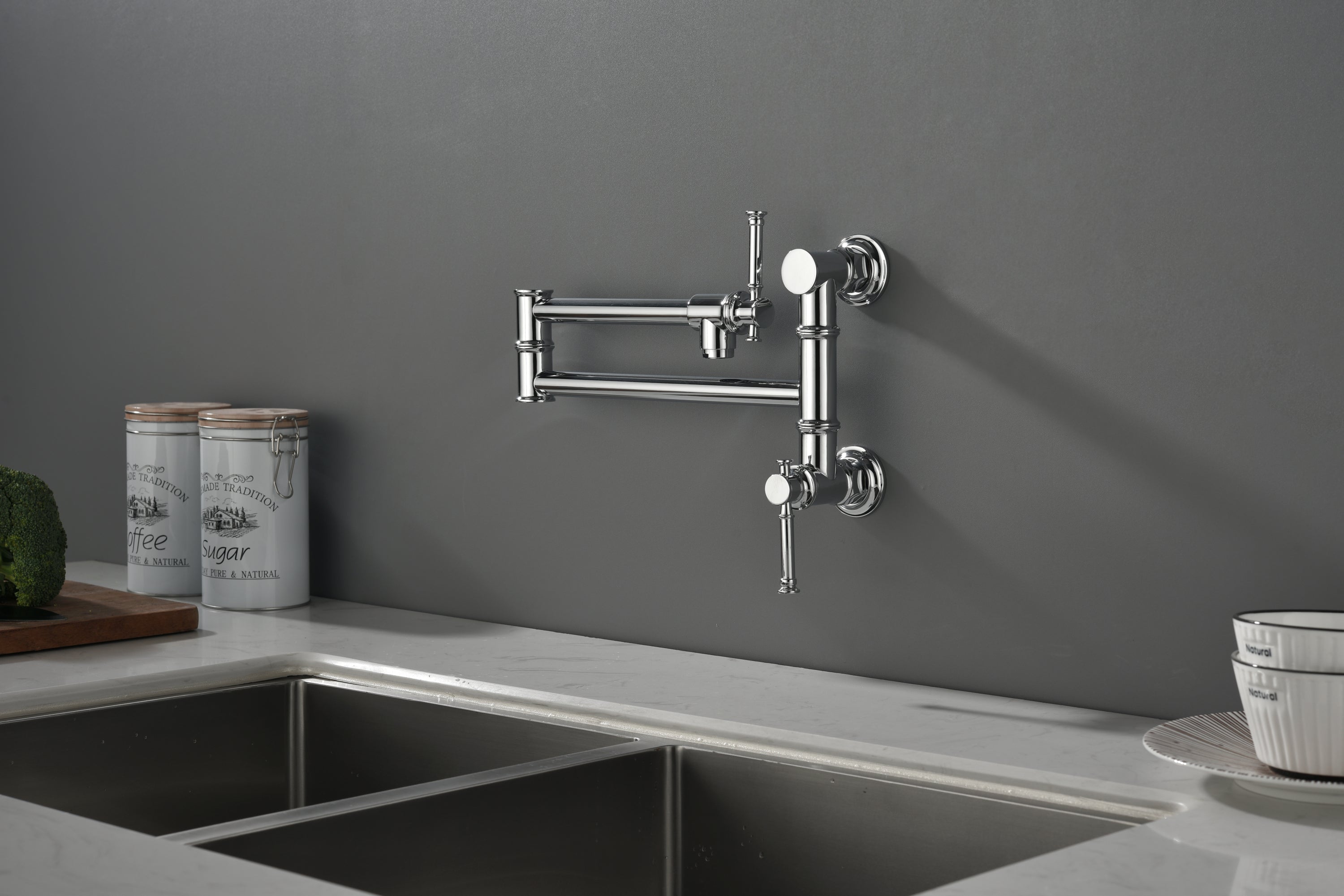 Wall mounted Pot Filler Faucet, Modern Brass Pot Filler Two-Attachment Wall Mount Folding Kitchen Pot Filler Swing Arm