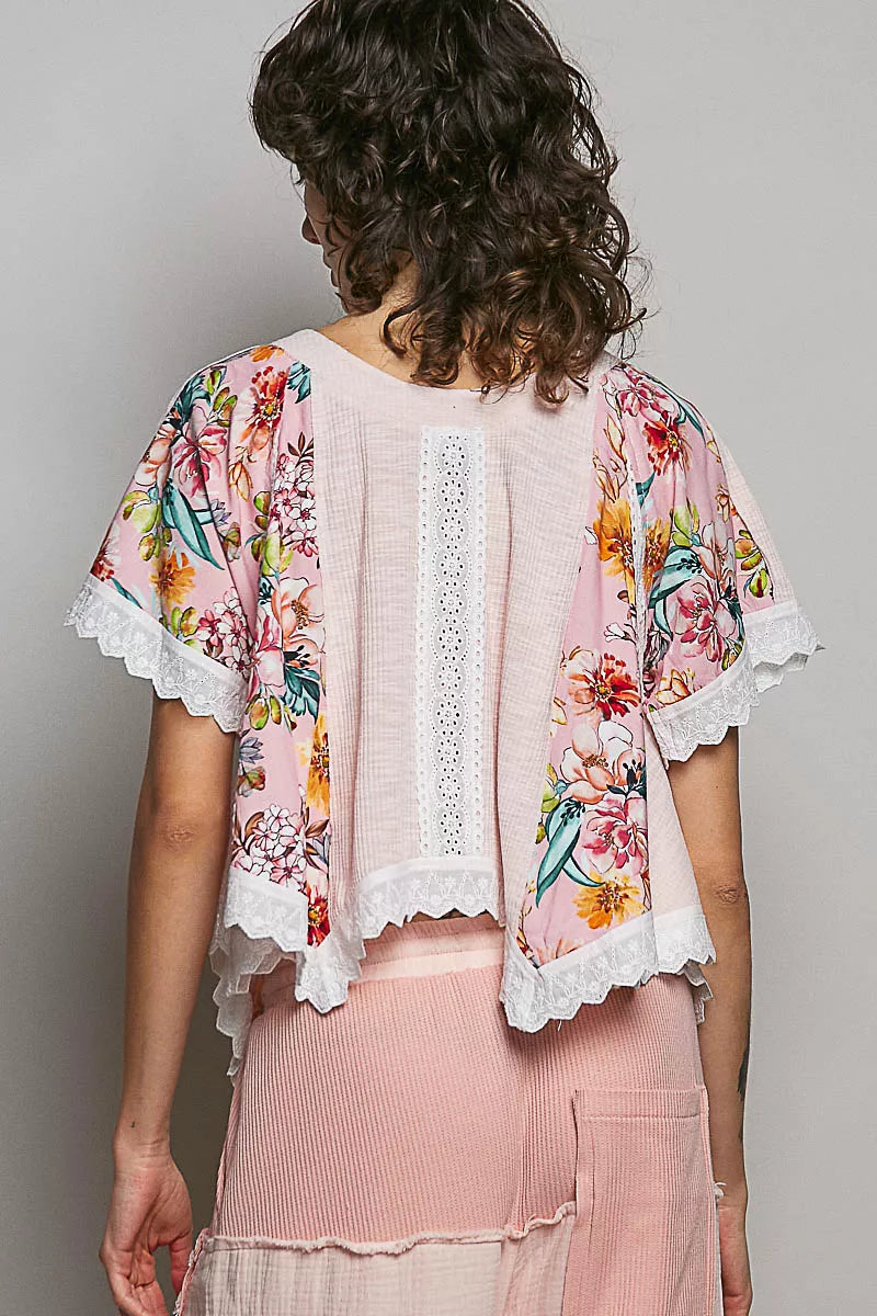 POL Round Neck Ribbed Cropped Top with Lace Detail