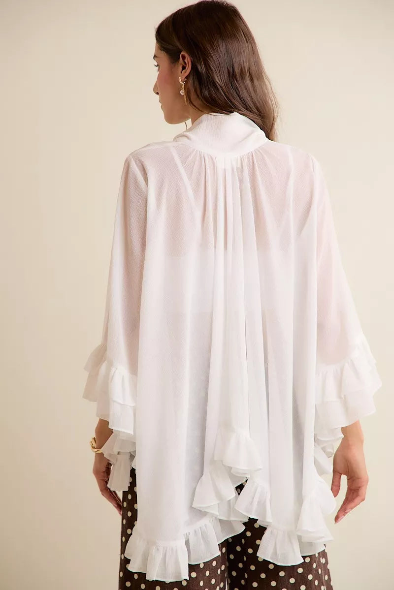 SO ME Sheer Ruffle Bell Sleeves Bow Tie Flowy Blouse Top