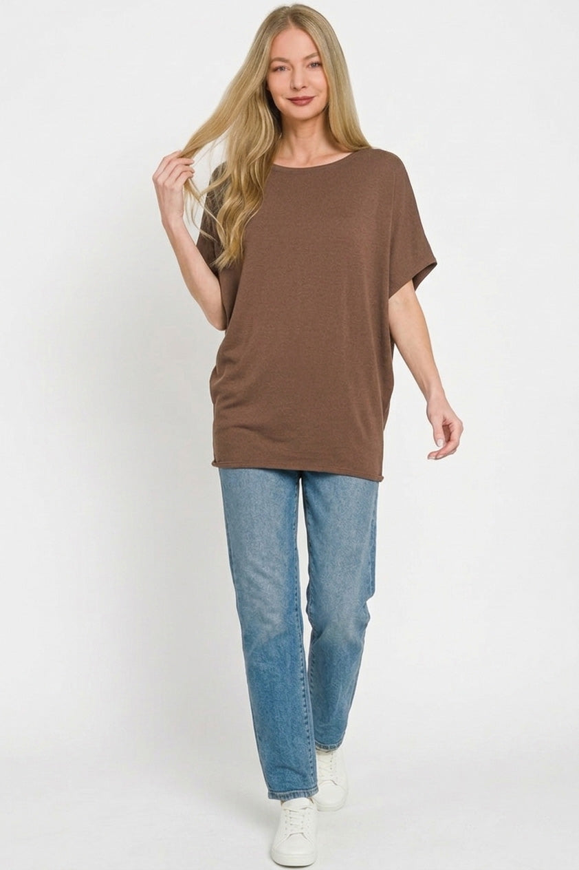 Zenana Hacci Dolman Sleeve Boat Neck Top