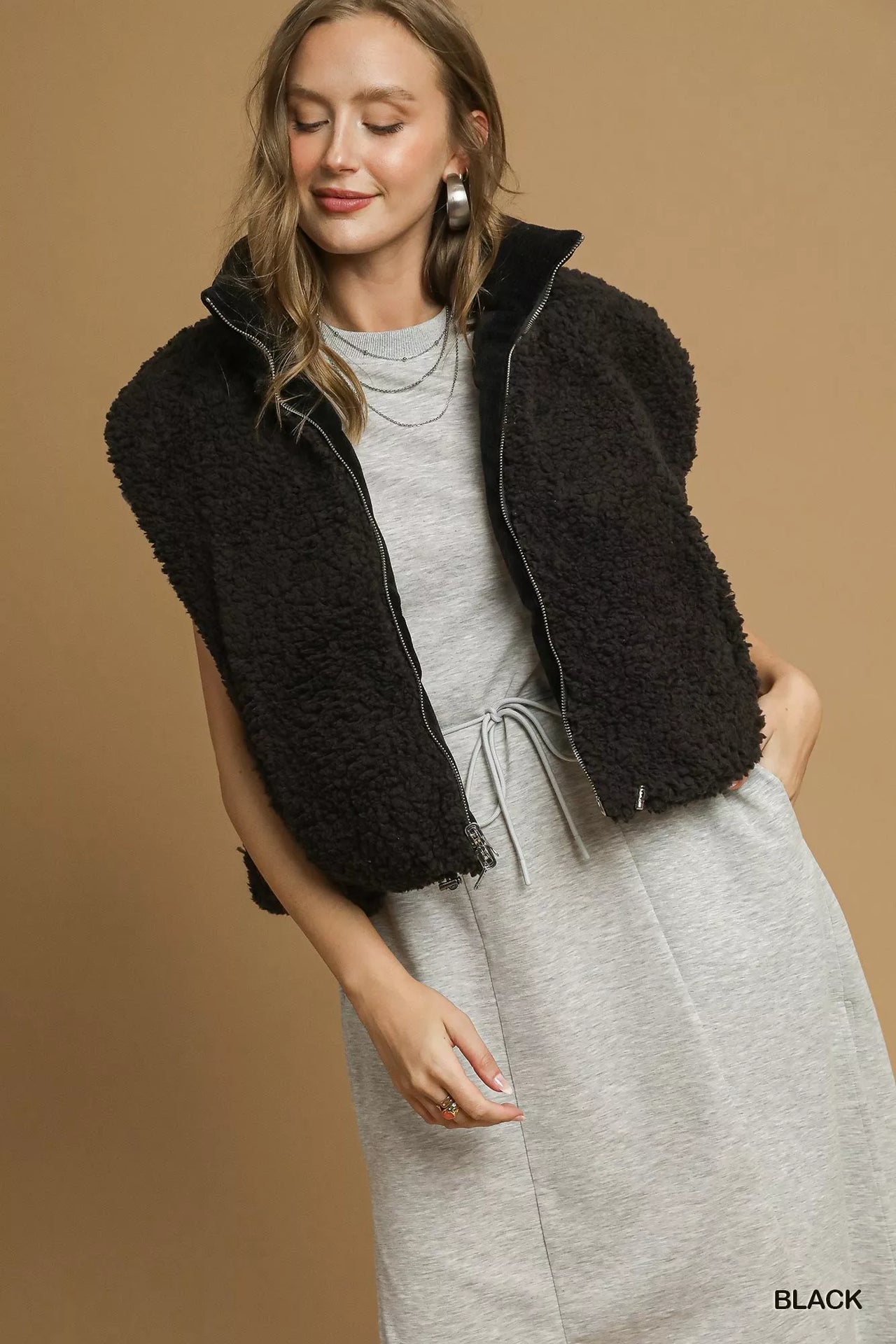 Umgee Sherpa-Lined Zip Vest with Drawstring Hem