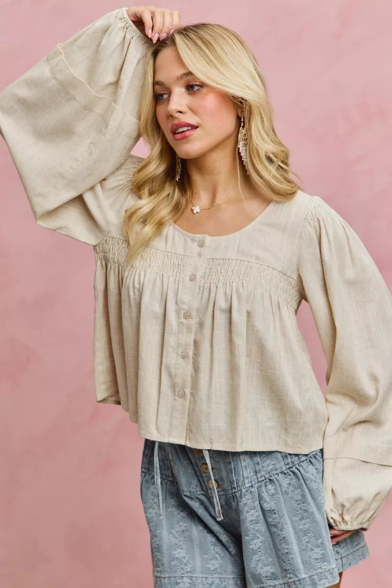 SO ME Linen Blend Woven Long Sleeve With Smocking Top
