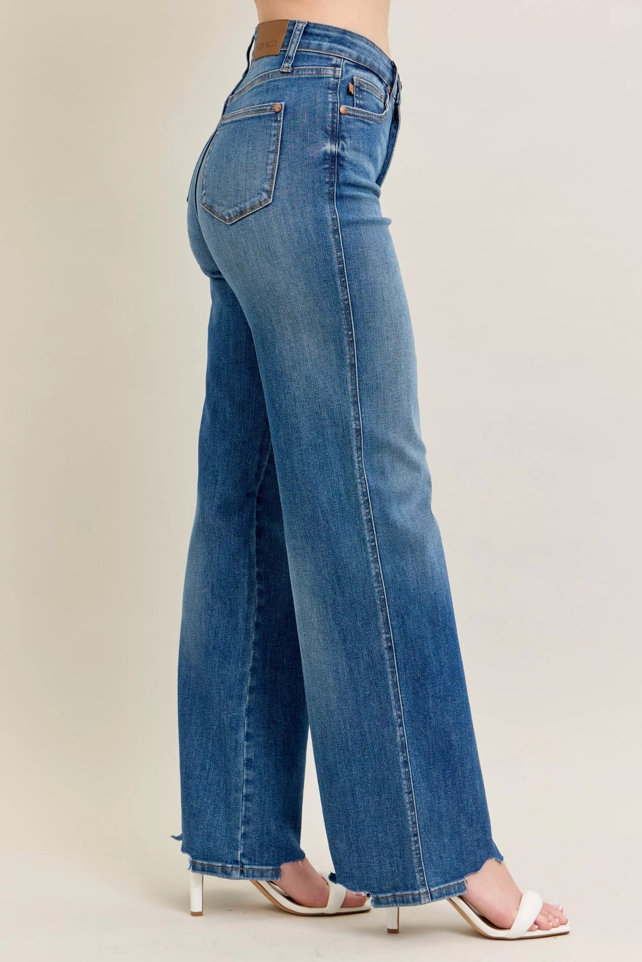 Judy Blue Full Size High Waist Tummy Control Chew Hem Destroyed Wide Jeans Plus Size