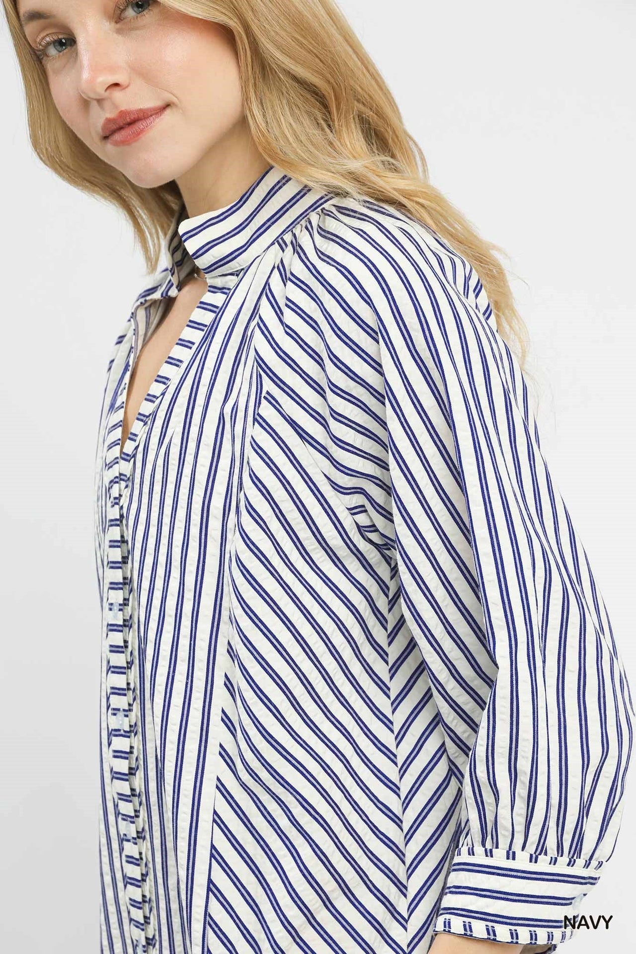 Umgee Striped V-Neck Button Down Top
