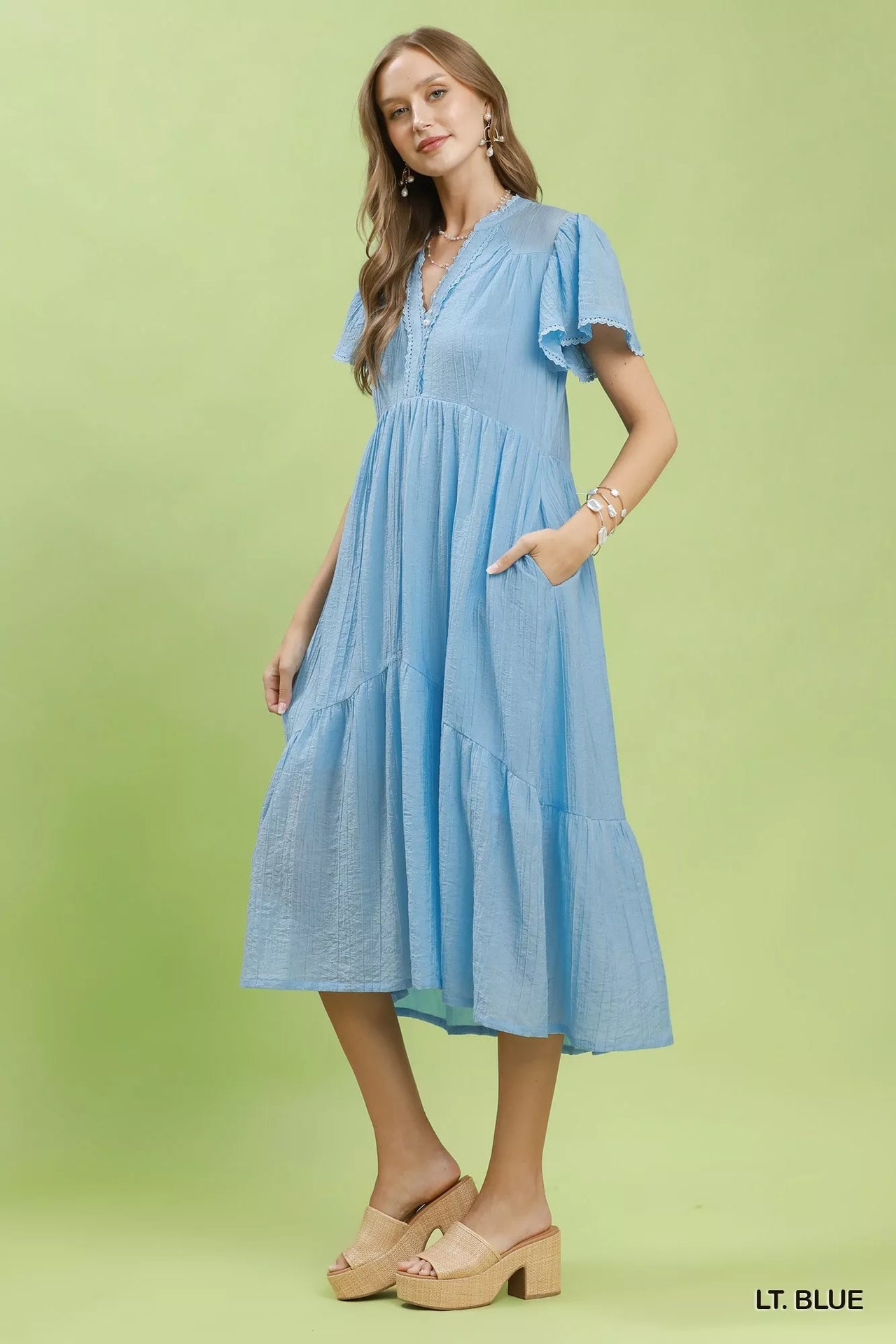 Umgee Textured Tiered Midi Dress with Side Pockets