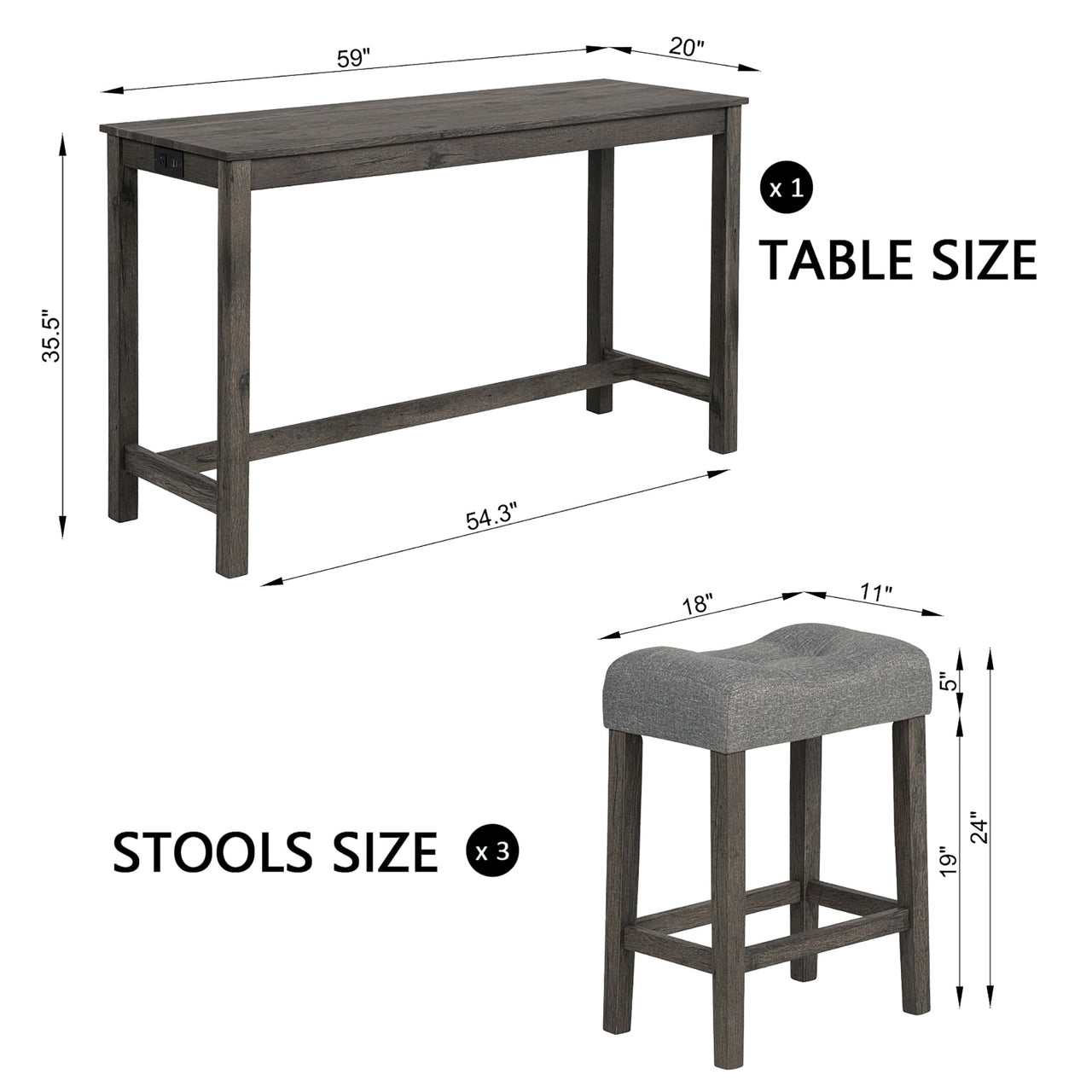 4 Piece Bar Table Set with Power Outlet, Bar Table Set with Chairs, Sofa Bar Table with Stools, Behind Couch Table with 3 Padded Stools, for Living Room, Dining room, Dark Gray