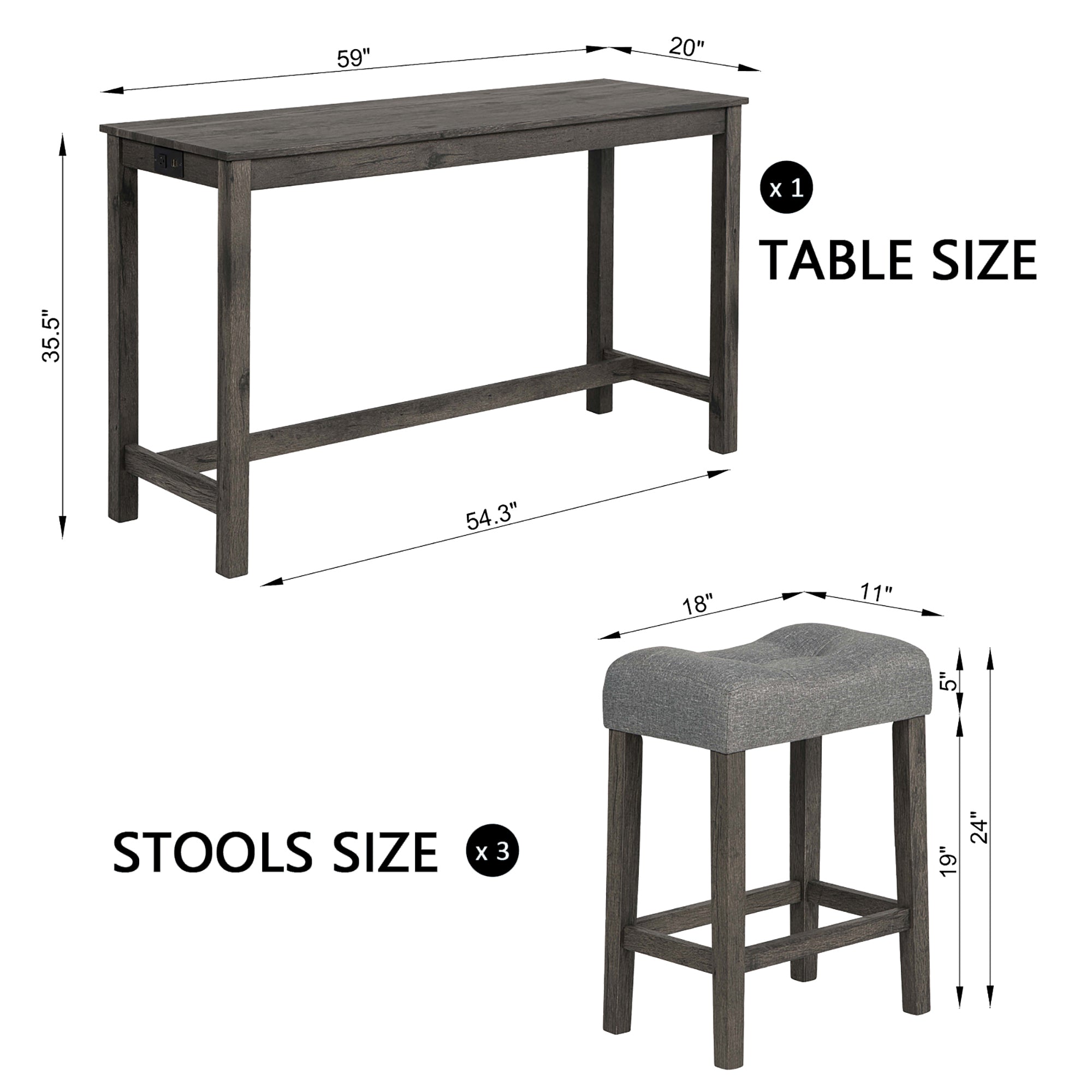 4 Piece Bar Table Set with Power Outlet, Bar Table Set with Chairs, Sofa Bar Table with Stools, Behind Couch Table with 3 Padded Stools, for Living Room, Dining room, Dark Gray