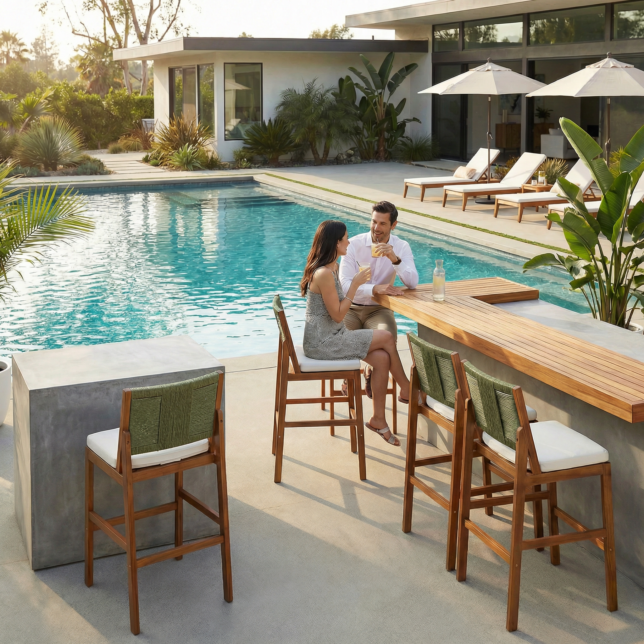 4 Pieces Arly Green Outdoor Bar Stool Solid Acacia Wood and Woven Wicker