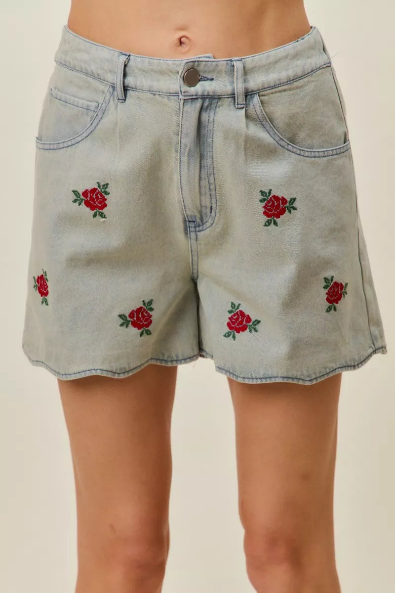 SO ME Rose Embroidery High Rise Scallop Hem Denim Shorts