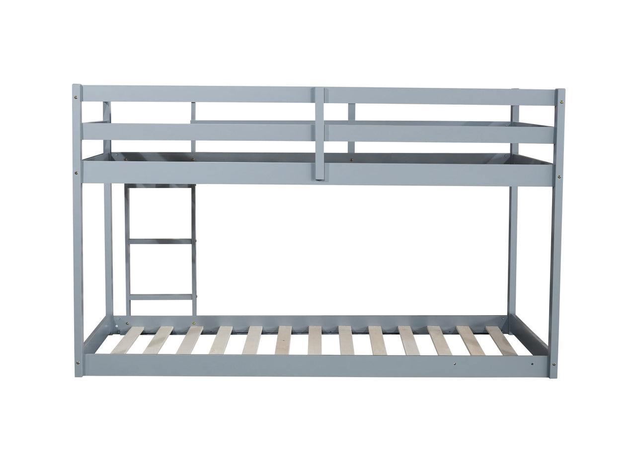 Solid Wooden , Solid Rubber Wooden Twin over Twin Floor Bunk Bed with Ladder ,Upper and Bottom Bed Platforms crafted with Strengthened Slats ,Grey