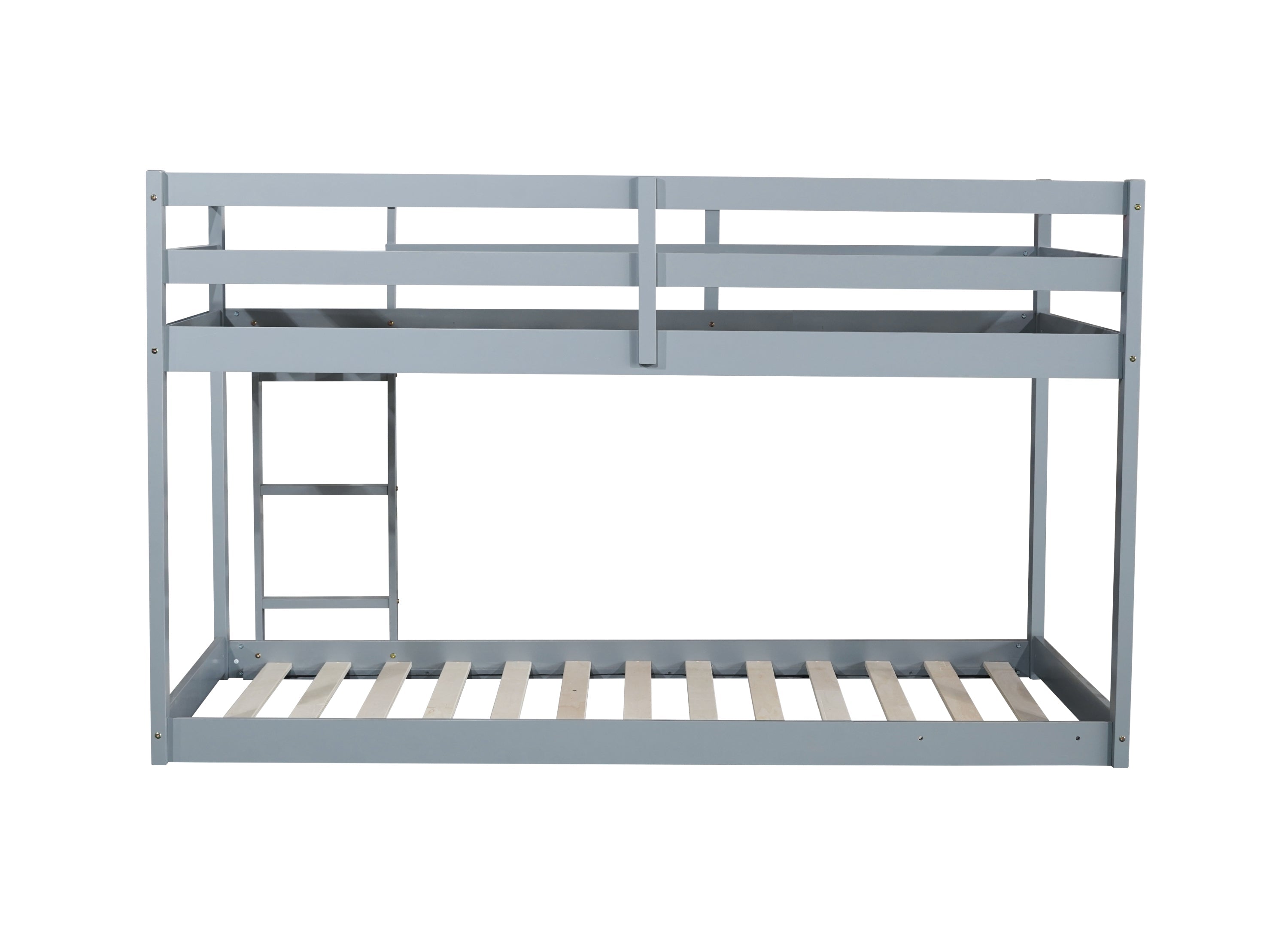 Solid Wooden , Solid Rubber Wooden Twin over Twin Floor Bunk Bed with Ladder ,Upper and Bottom Bed Platforms crafted with Strengthened Slats ,Grey