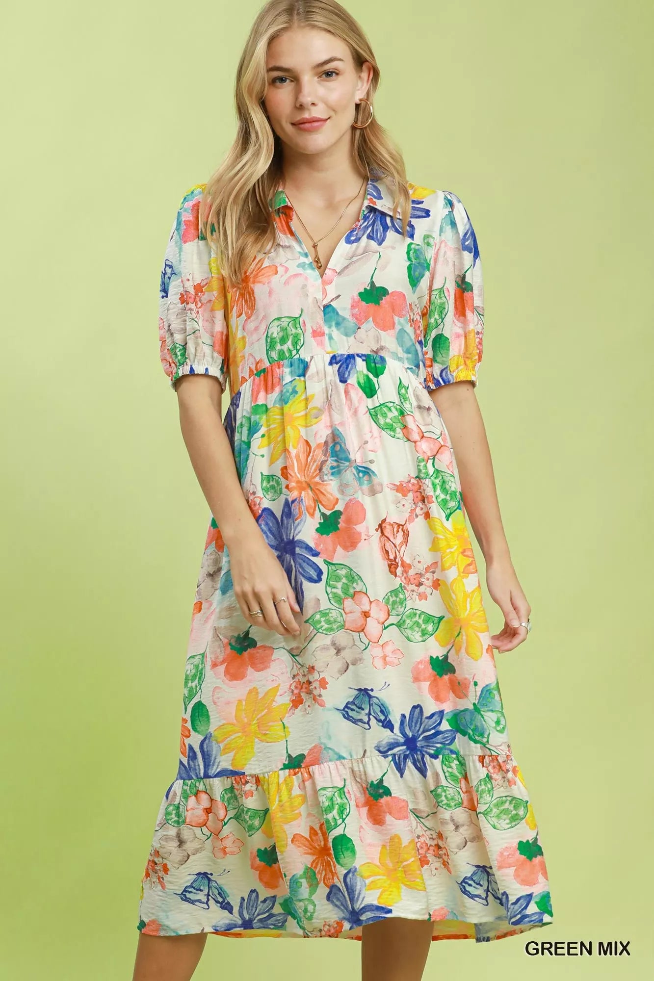 Umgee Watercolor Floral Tiered Midi Dress