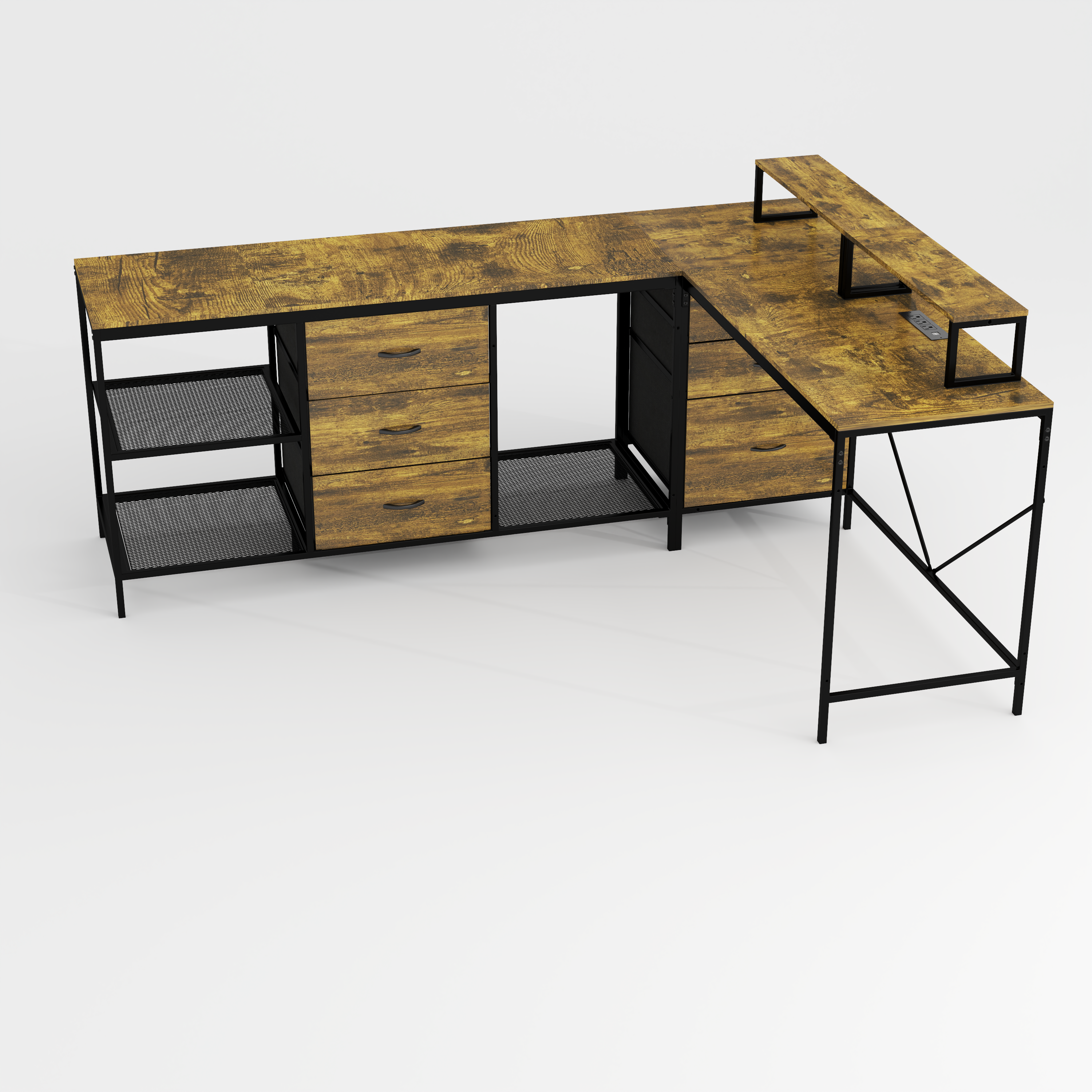 Industrial L-Shaped Computer Desk with Power Outlets & USB-C, Rustic Brown Metal Frame, 6 Fabric Drawers, 3 Open Shelves, Movable Monitor Stands, 114 Inch Corner Office Desk for Gaming and Work