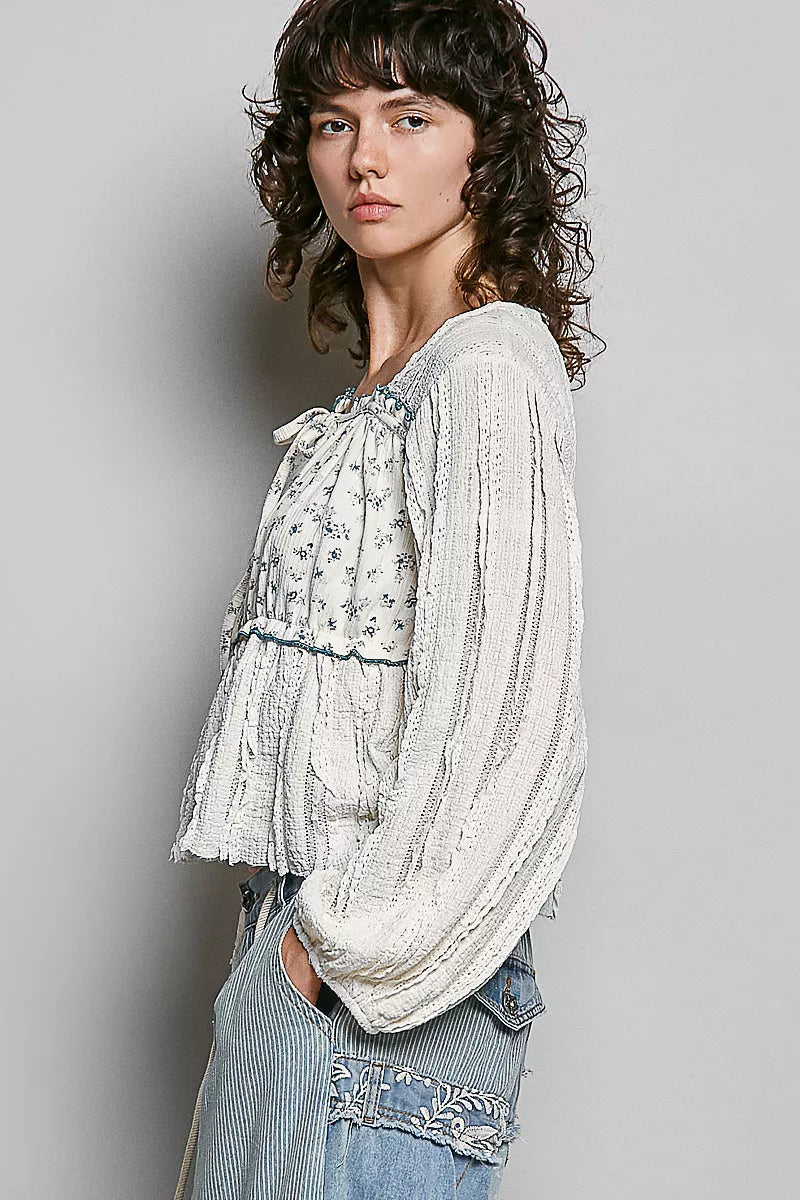 POL Square Neck Lace Long Balloon Sleeve Top