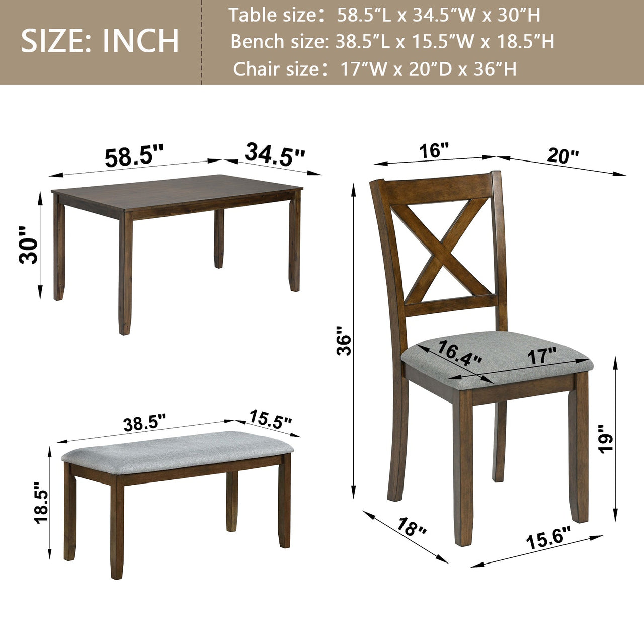 6PCs Kitchen Dining Set, Rectangular Wooden Dining Table with 4 Upholstered Chairs and a Bench, Dining Table Set for 6 People, Living Room, Home Bar and Kitchen, Walnut
