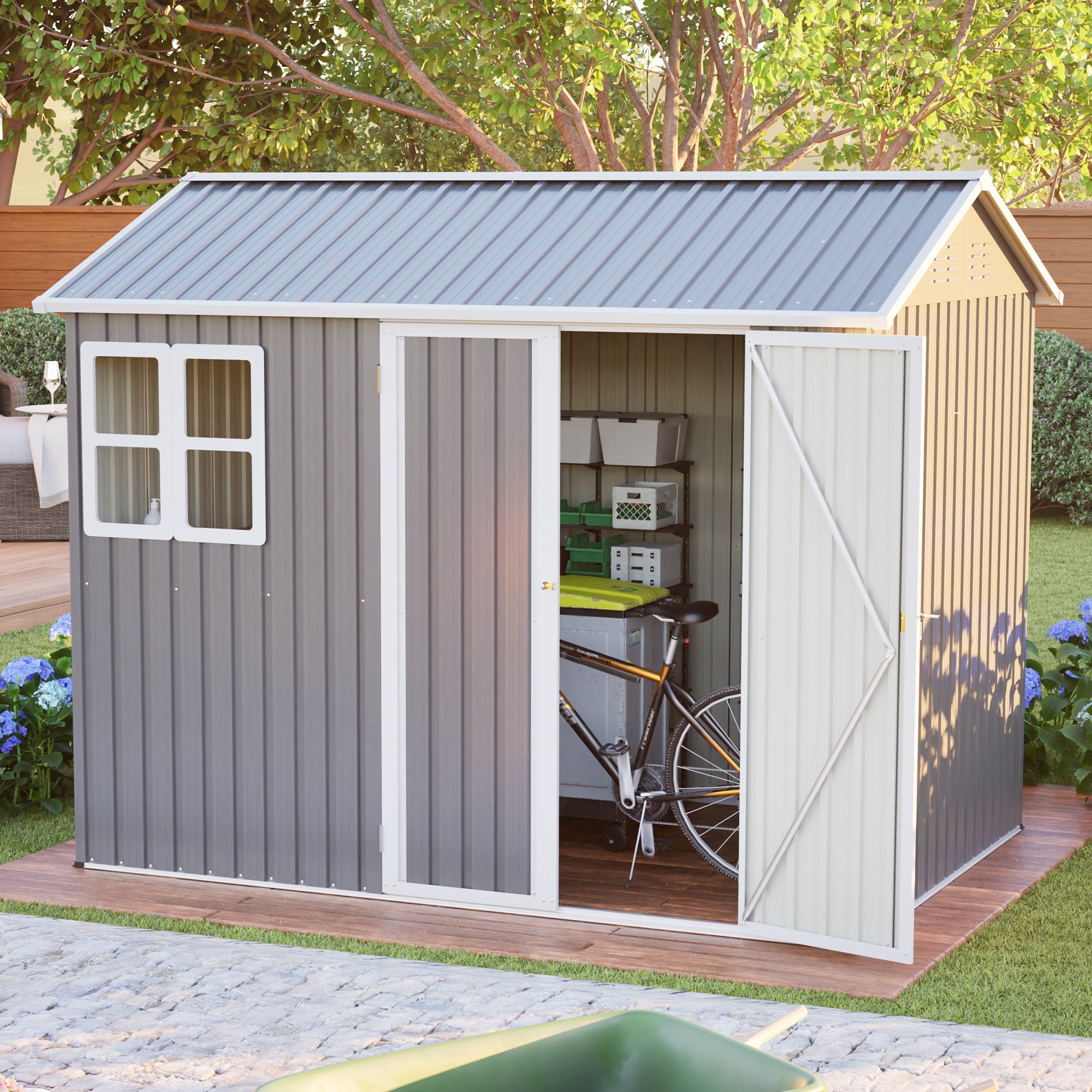 8'x6' Large Steel Storage Shed with Window, Lockable Doors & Sloped Roof, Heavy Duty Outdoor Tool Shed for Garden, Patio, Backyard, Lawn - Dark Gray