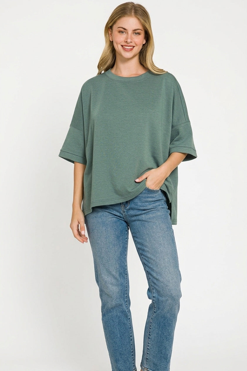 Zenana Full Size Scuba Round Neck Top With Side Slits Plus Size