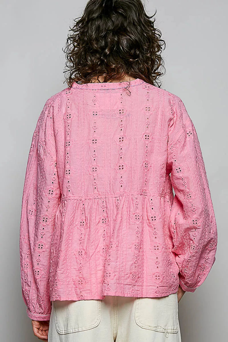POL Eyelet Lace Split Neck Gathered Empire Waist Cotton Blouse