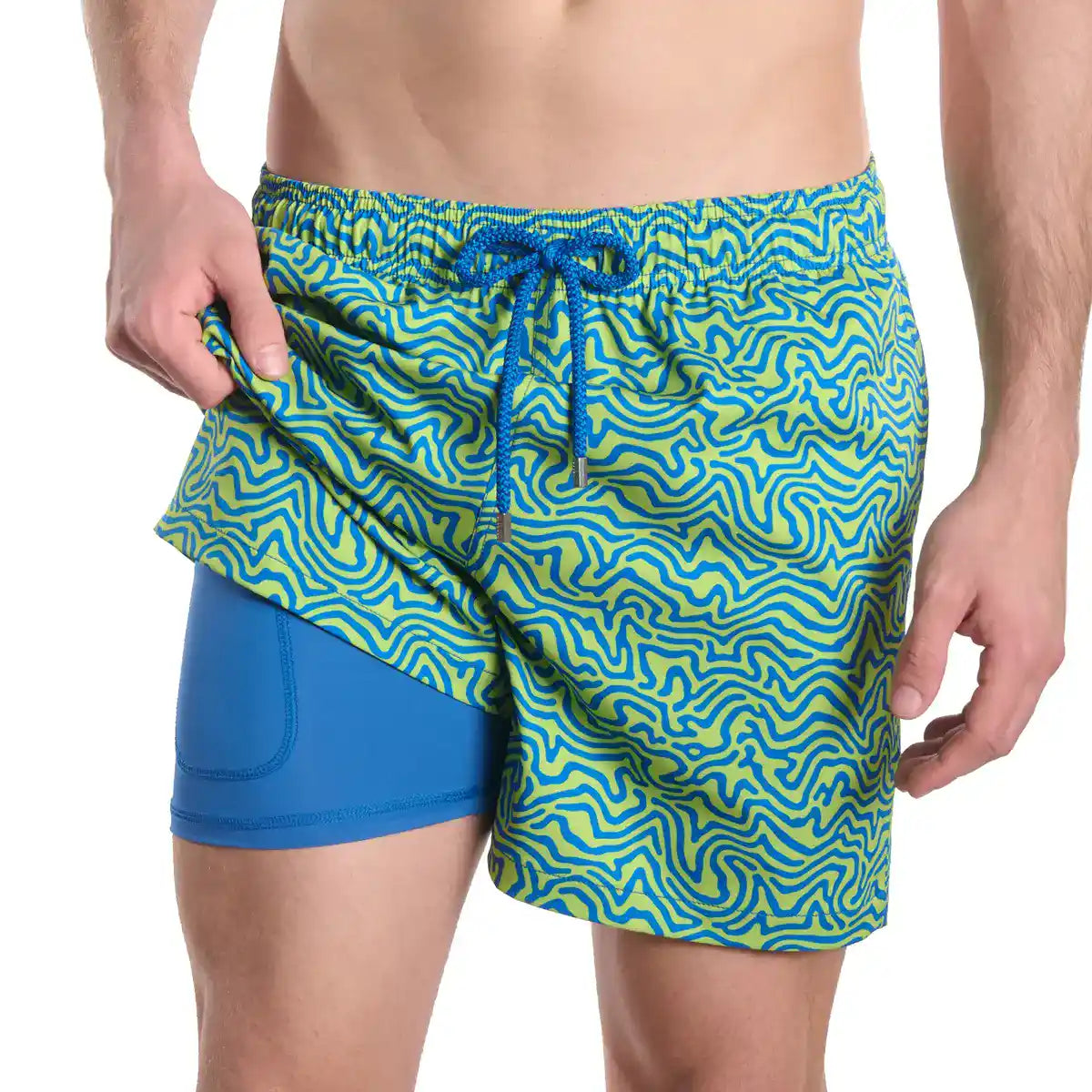 Men’s Premium Compression-Lined Hybrid Shorts – Deco Maze-Key Lime
