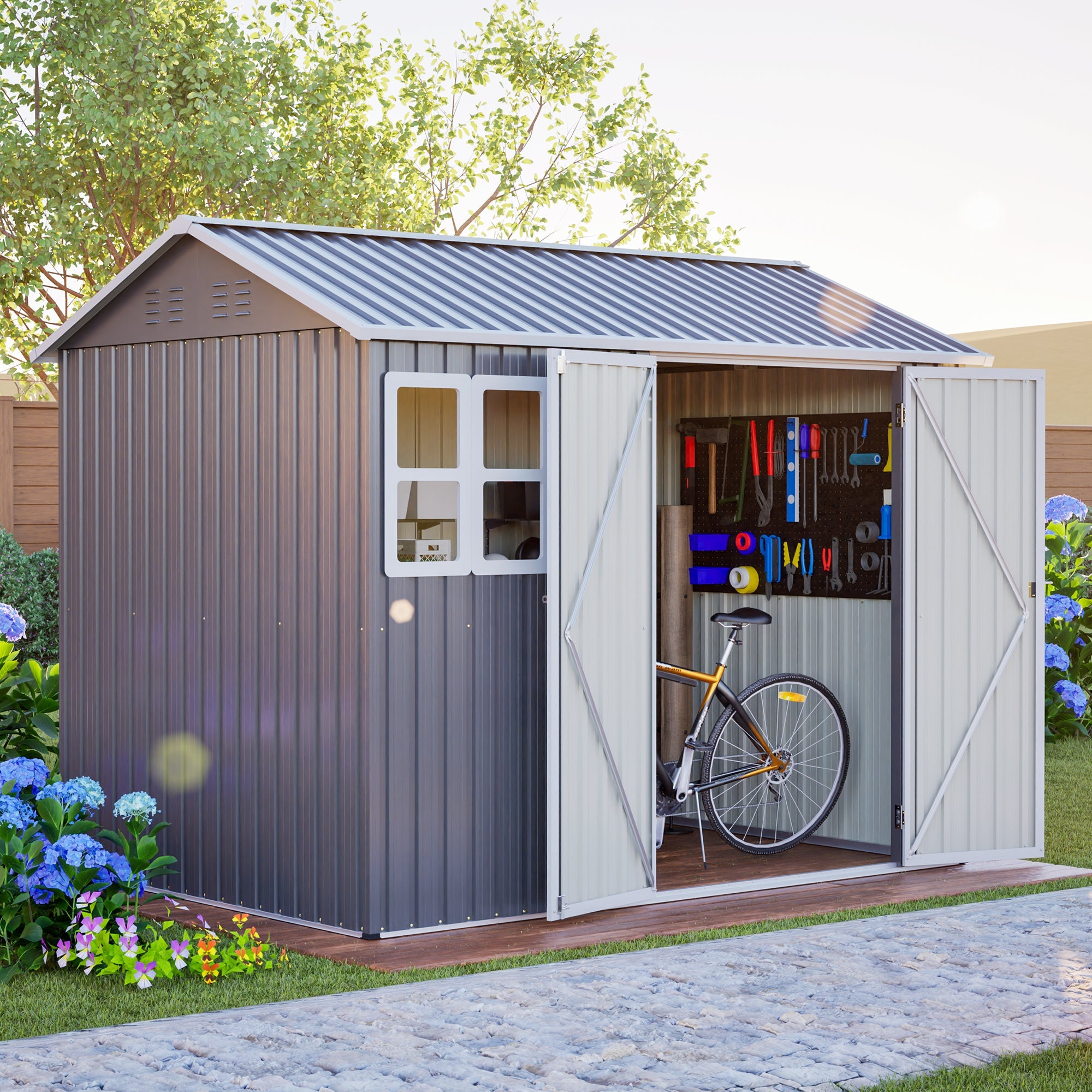 8'x6' Large Steel Storage Shed with Window, Lockable Doors & Sloped Roof, Heavy Duty Outdoor Tool Shed for Garden, Patio, Backyard, Lawn - Dark Gray