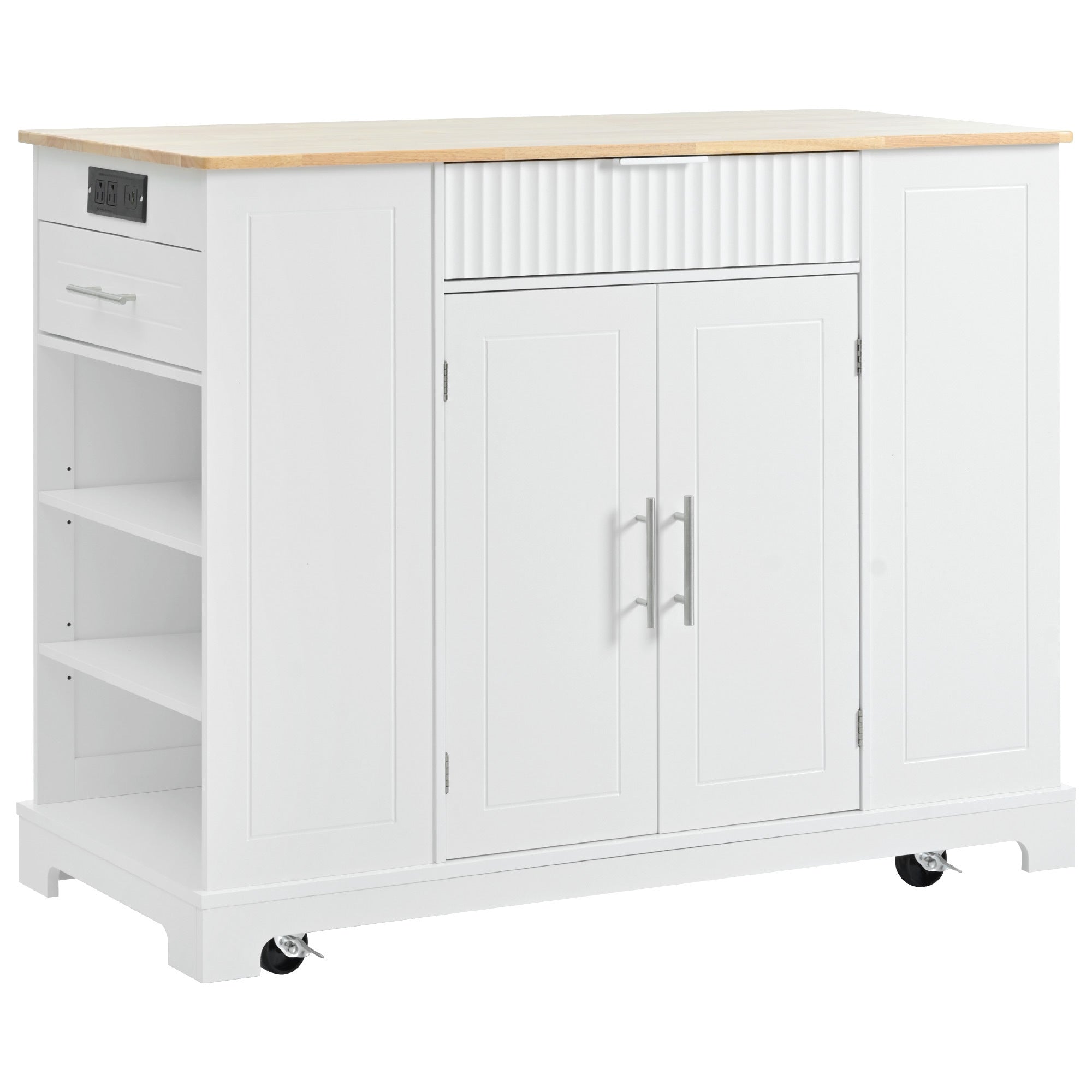 K&K Fluted Kitchen Island with Trash Can Storage Cabinet, Power Outlet, Internal Storage Rack, Rolling Kitchen Islands on 5 Wheels with 3 Drawer, 3 Open Side Racks for 10 Gallon Garbage Bin, White