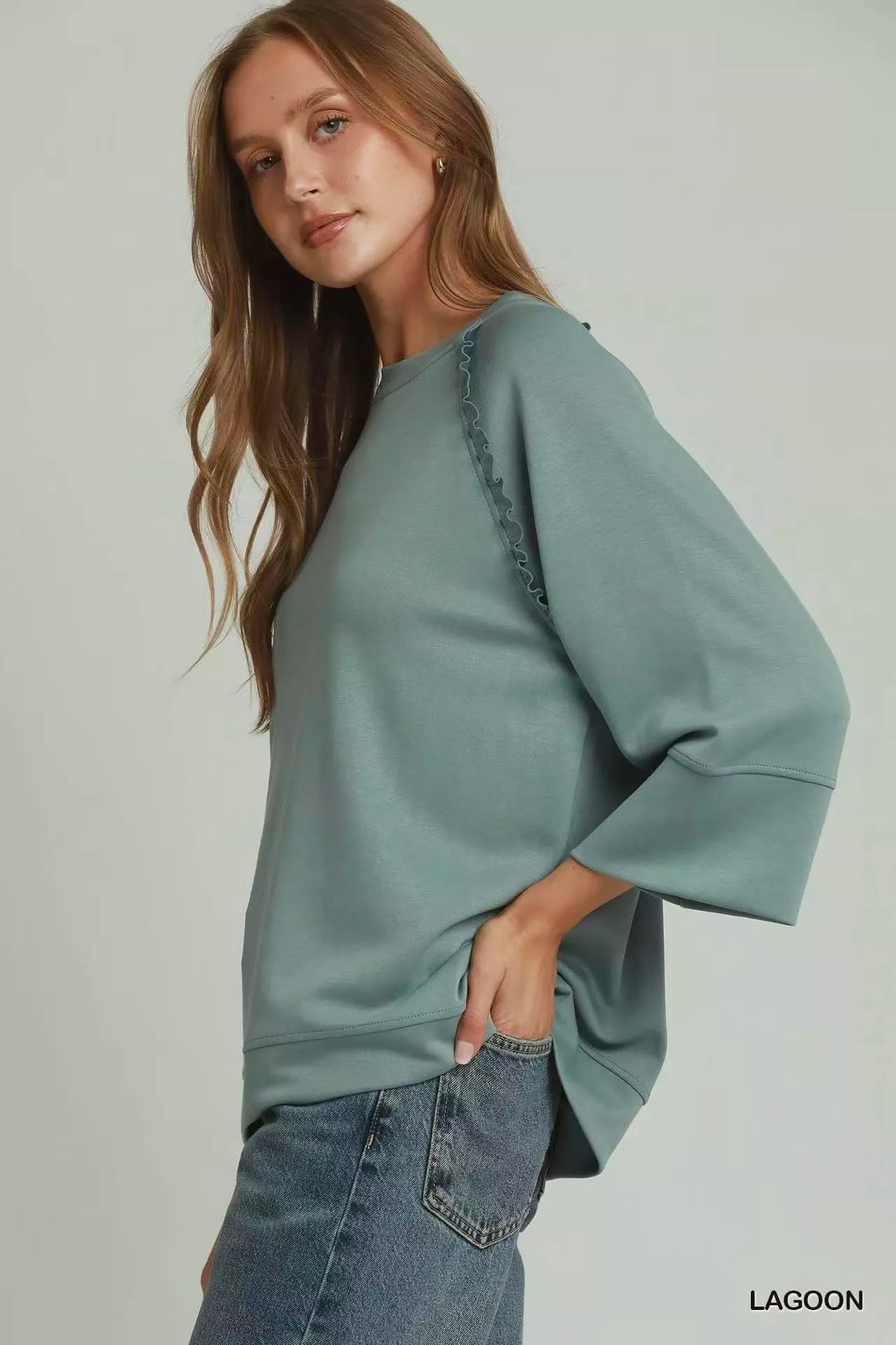 Umgee Ruffle Trim 3/4 Raglan Sleeve Top