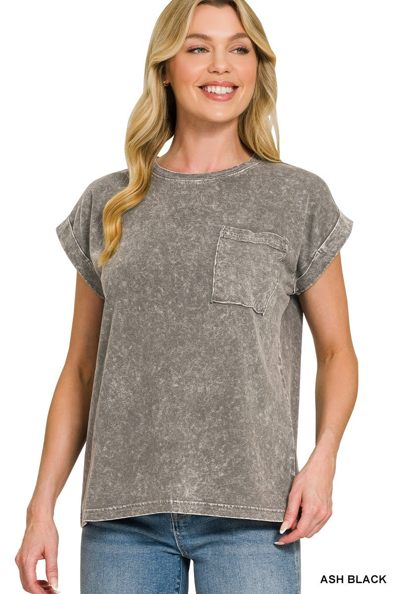 Zenana Halo Snow Washed Cuffed Short Sleeve Tee