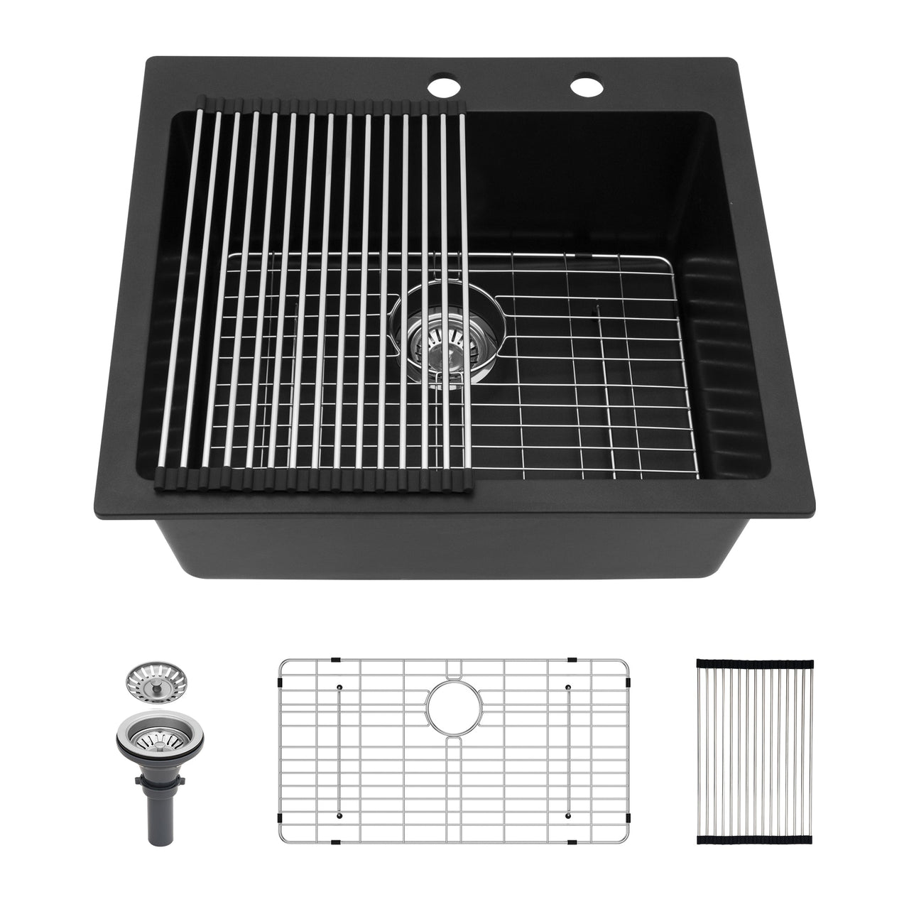 Quartz Kitchen Sink - 25 x 22 Inch Black Granite Composite Drop-In Sink