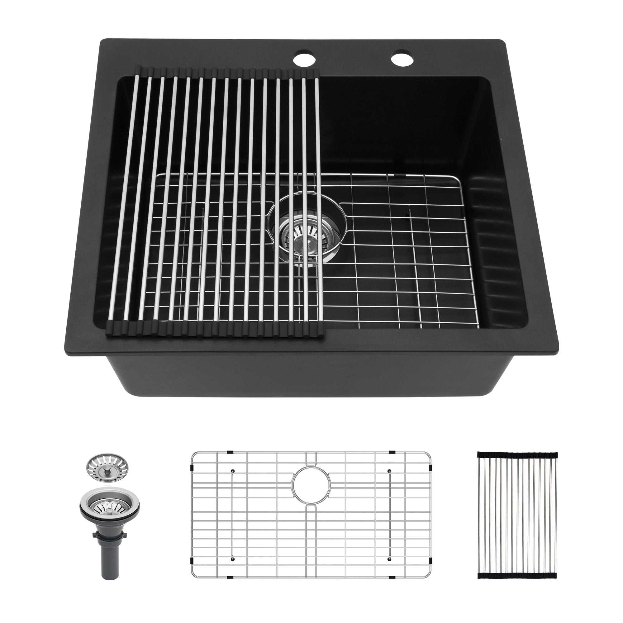 Quartz Kitchen Sink - 25 x 22 Inch Black Granite Composite Drop-In Sink