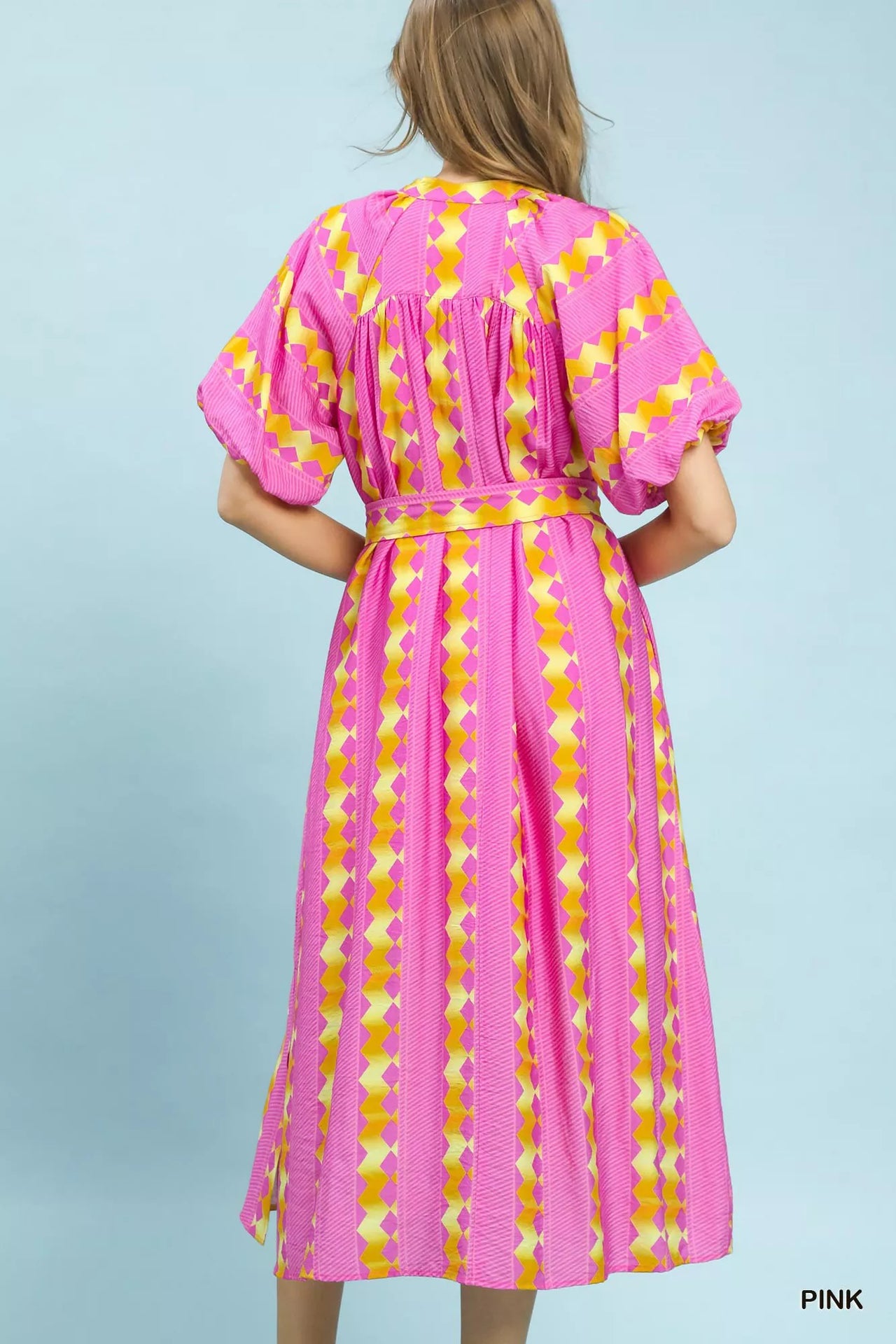 Umgee Geo Stripe Smocked Waist Tie Dress