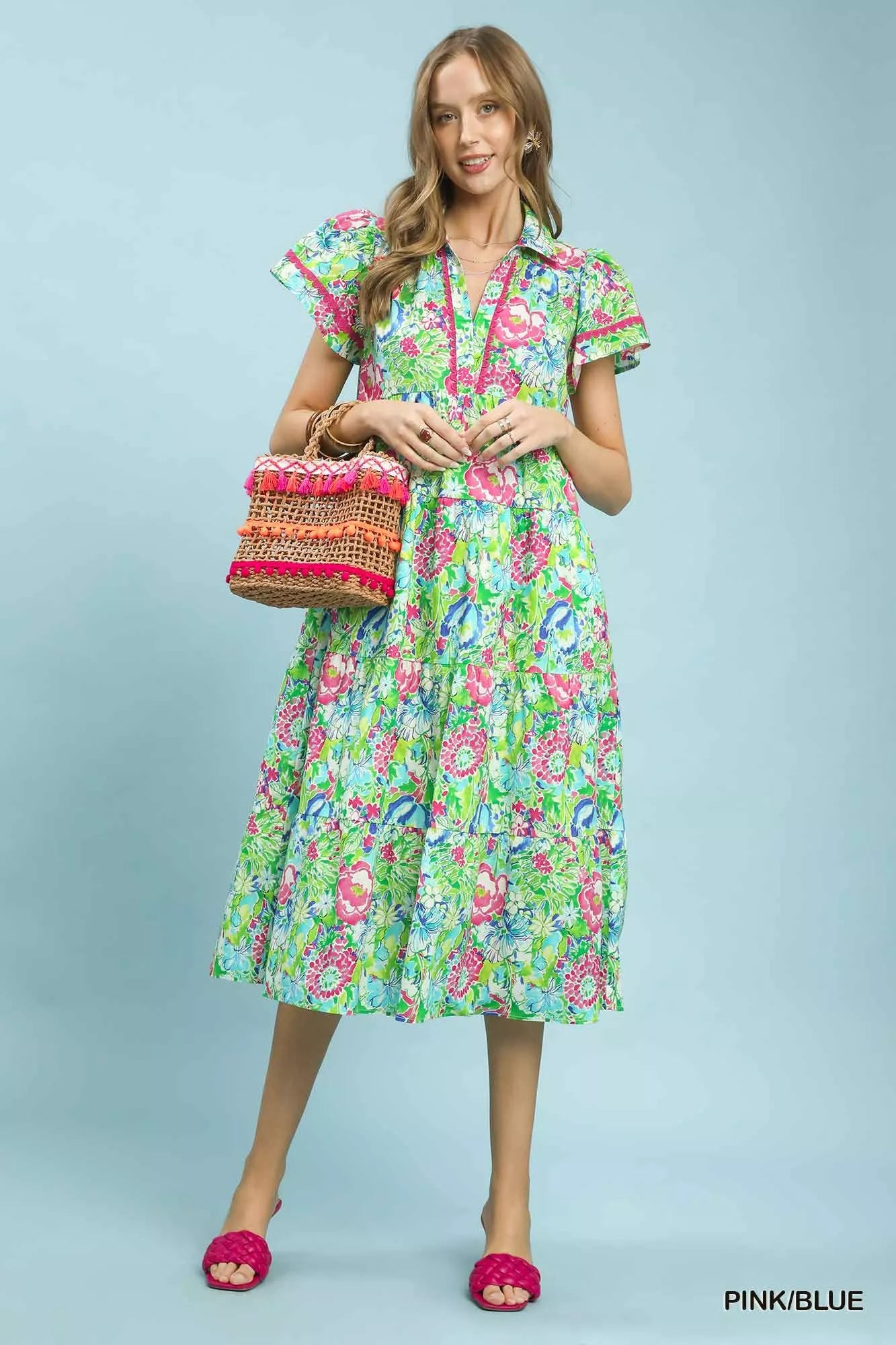Umgee Bold Mixed Floral Tiered Midi Dress