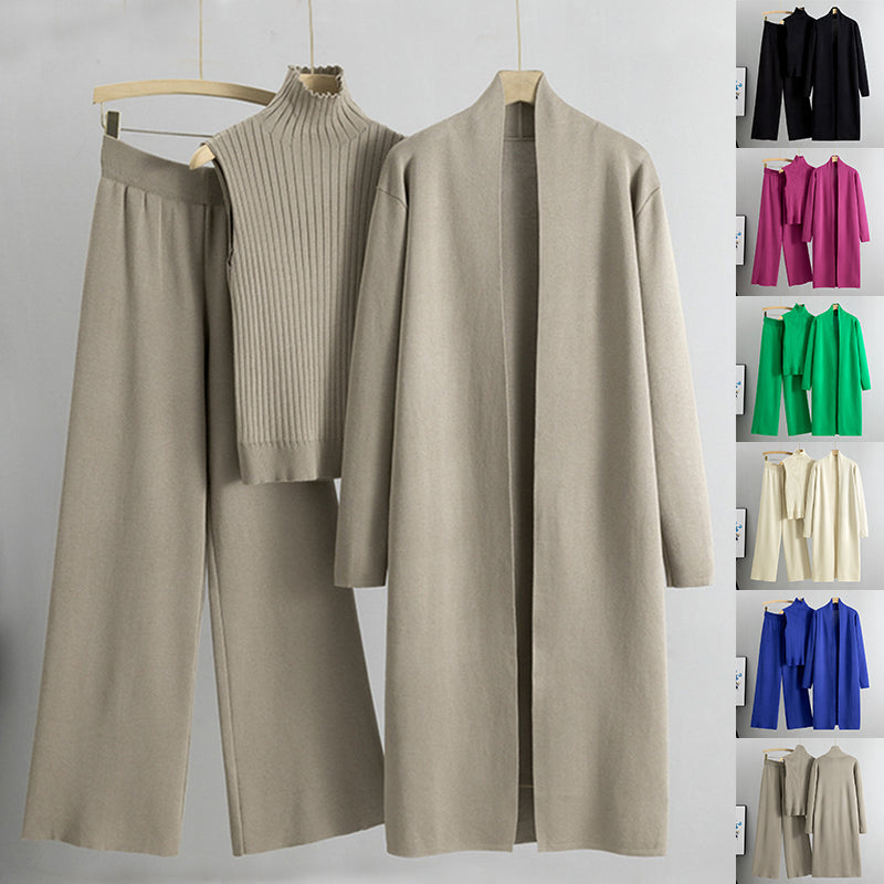 3pcs Suits Women Fashion Knitting Sleeveless Vest Sweater Long Cardigan And Wide-leg Pants Three-piece Set (See size chart where applicable)