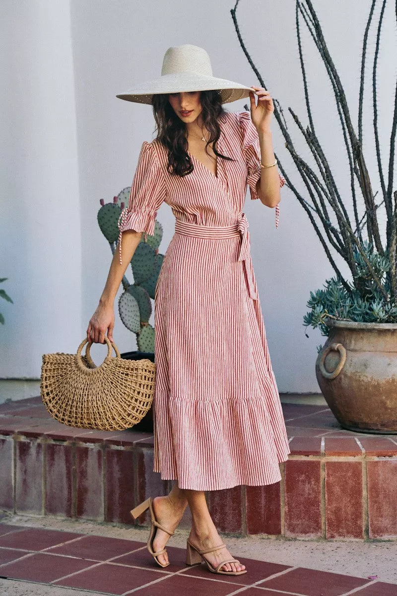 SO ME Stripe Textured Short Sleeves Lined Wrap Midi Dres