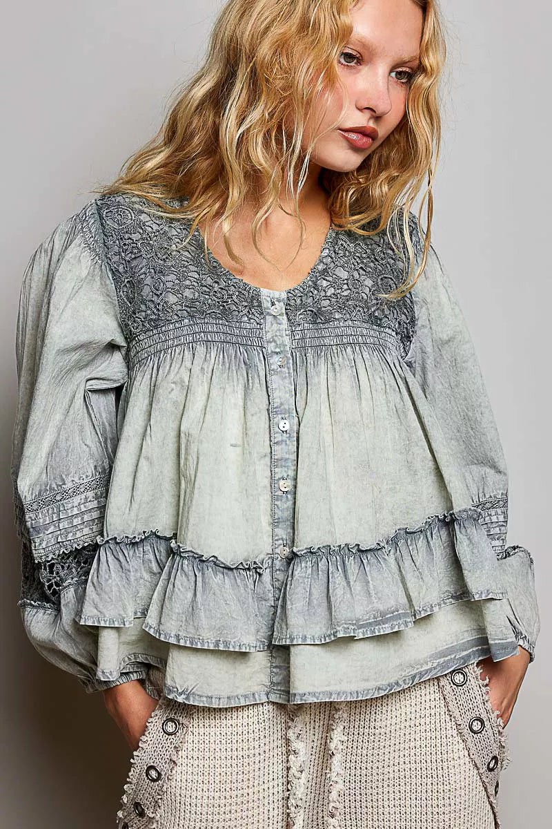POL Washed Layered Lace Pintuck Flared Woven Blouse