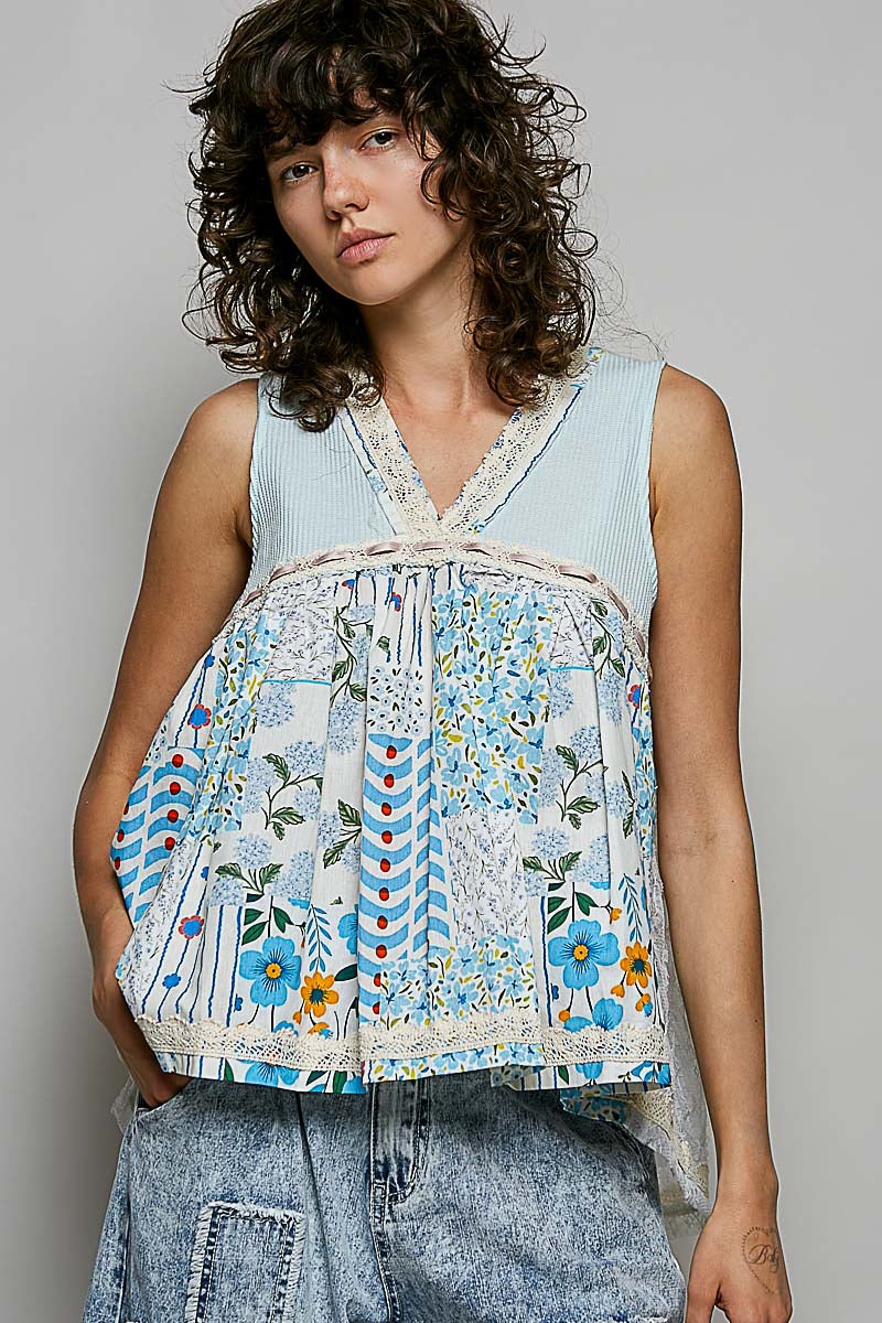 POL Floral V-Neck Sheer Tank with Lace Trim