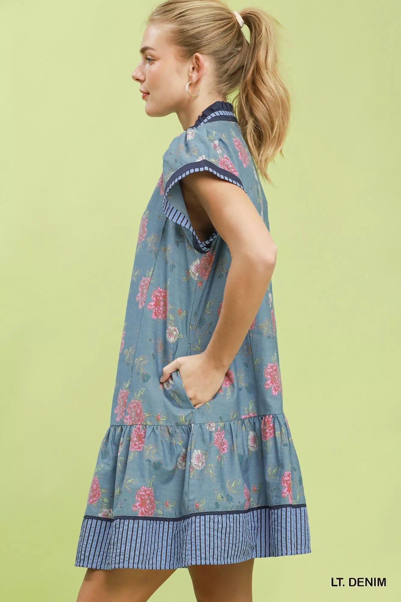 Umgee Floral Contrast Trim Ruffle Hem Mini Dress