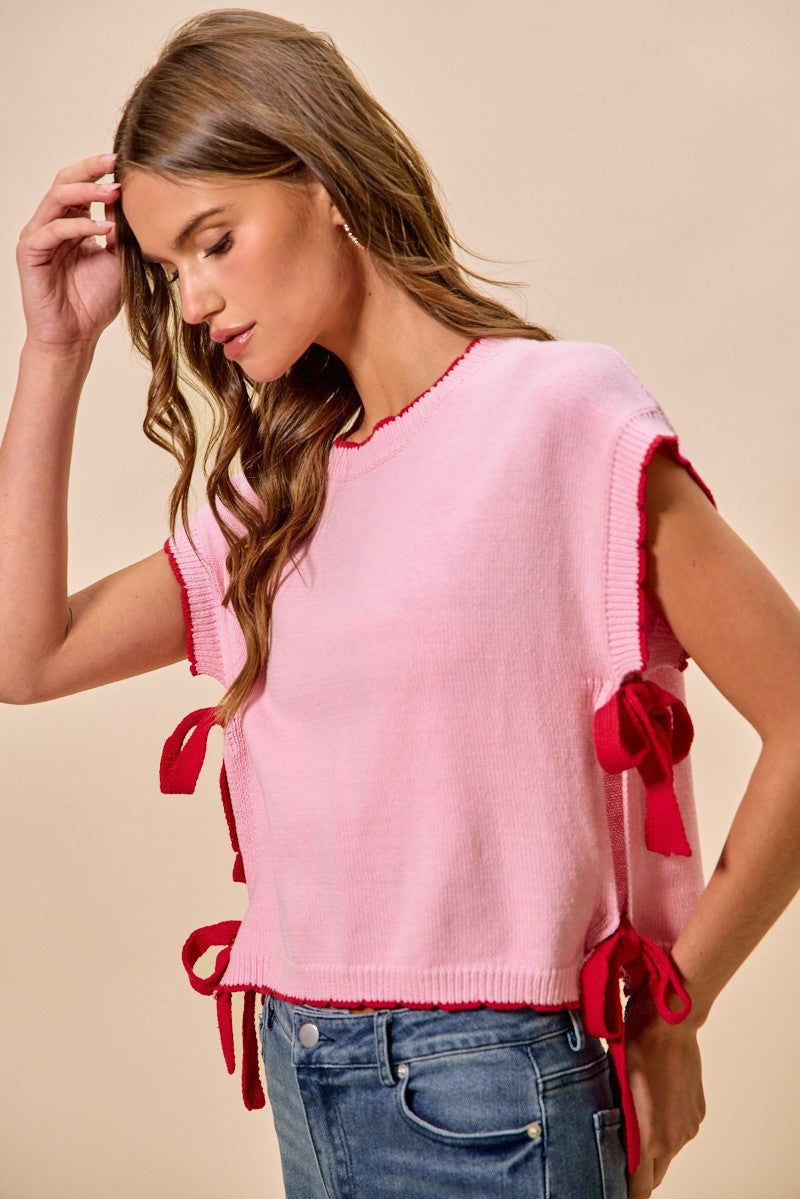 SO ME Lightweight Sweater Dolman Side Ribbon Tie Top