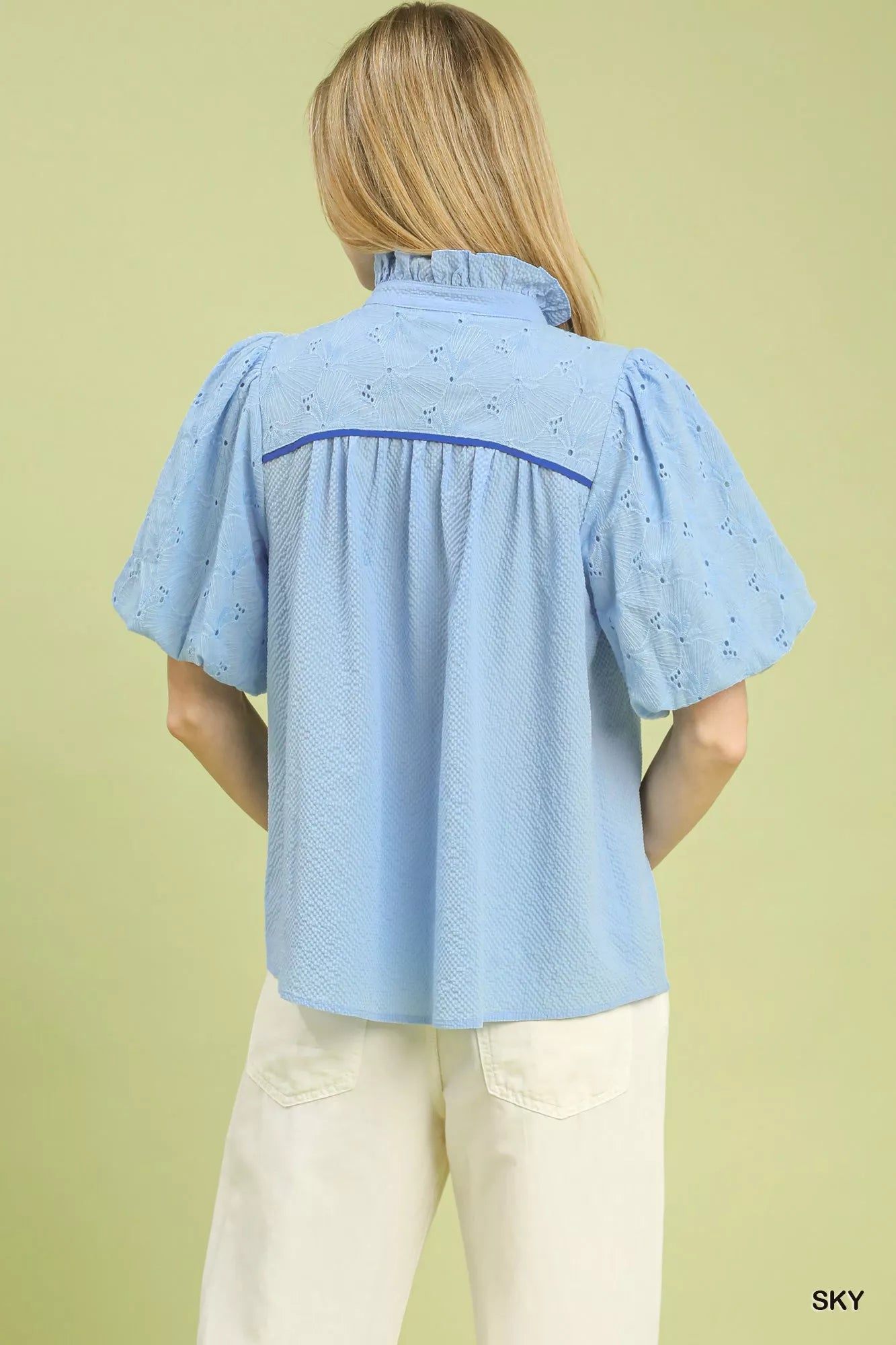 Umgee Puff Sleeve Eyelet Mix Top with Contrast Piping