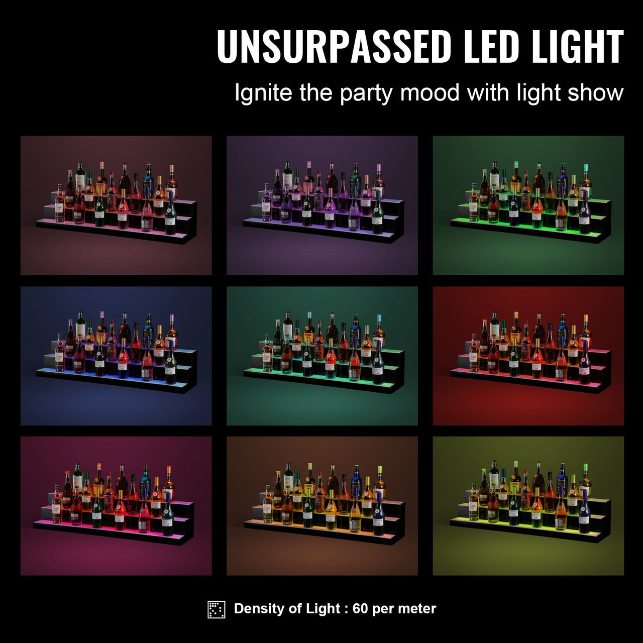 LED Lighted Liquor Bottle Display Bar Shelf RF & App Control 48' 3-Step