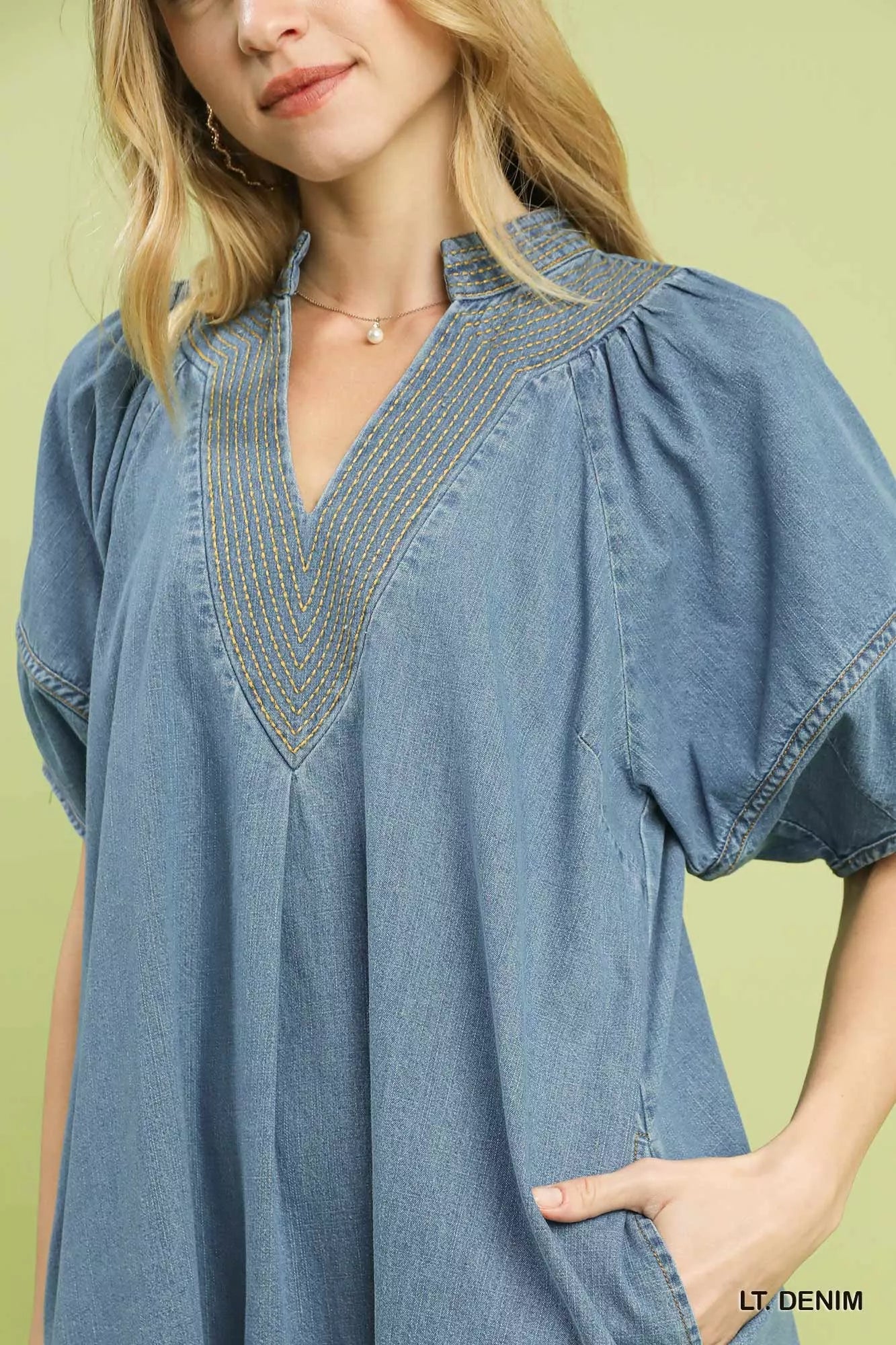 Umgee Denim Mini Dress with Contrast Thread