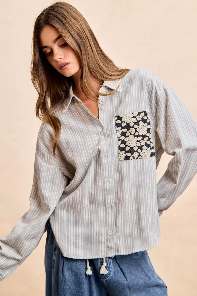 BiBi Flower Jacquard Knit Patch Pocket Stripe Shirt
