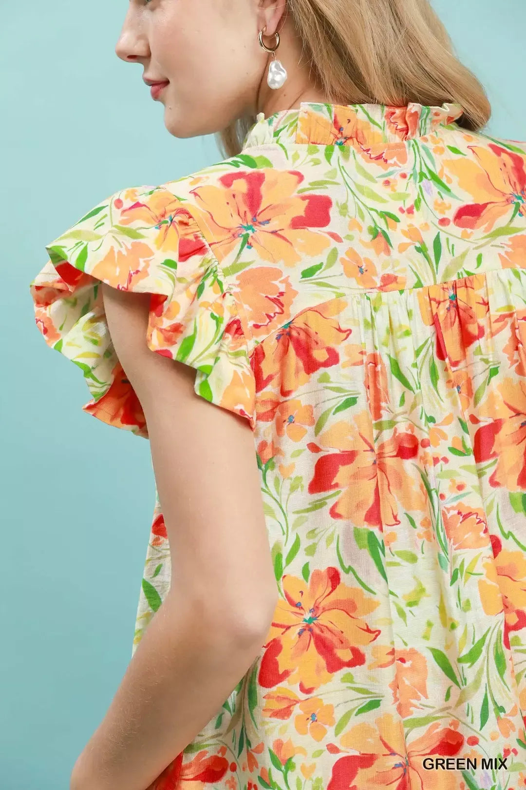 Umgee Smocked Yoke Ruffle Sleeve Floral Blouse