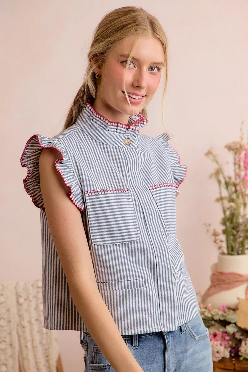SO ME Stripe Twill Stitch Ruffled Hidden Button Vest Top