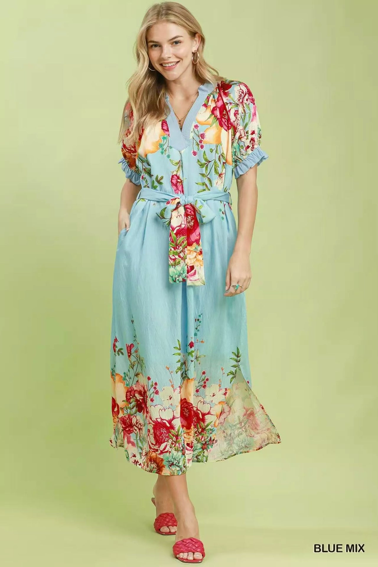 Umgee Mix Floral Border Print Midi Dress