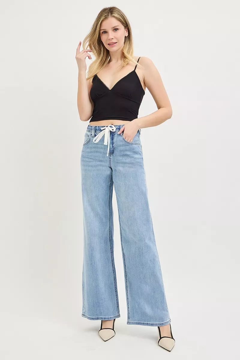 RISEN Elastic Band Slouchy Wide Jeans with Drawstring