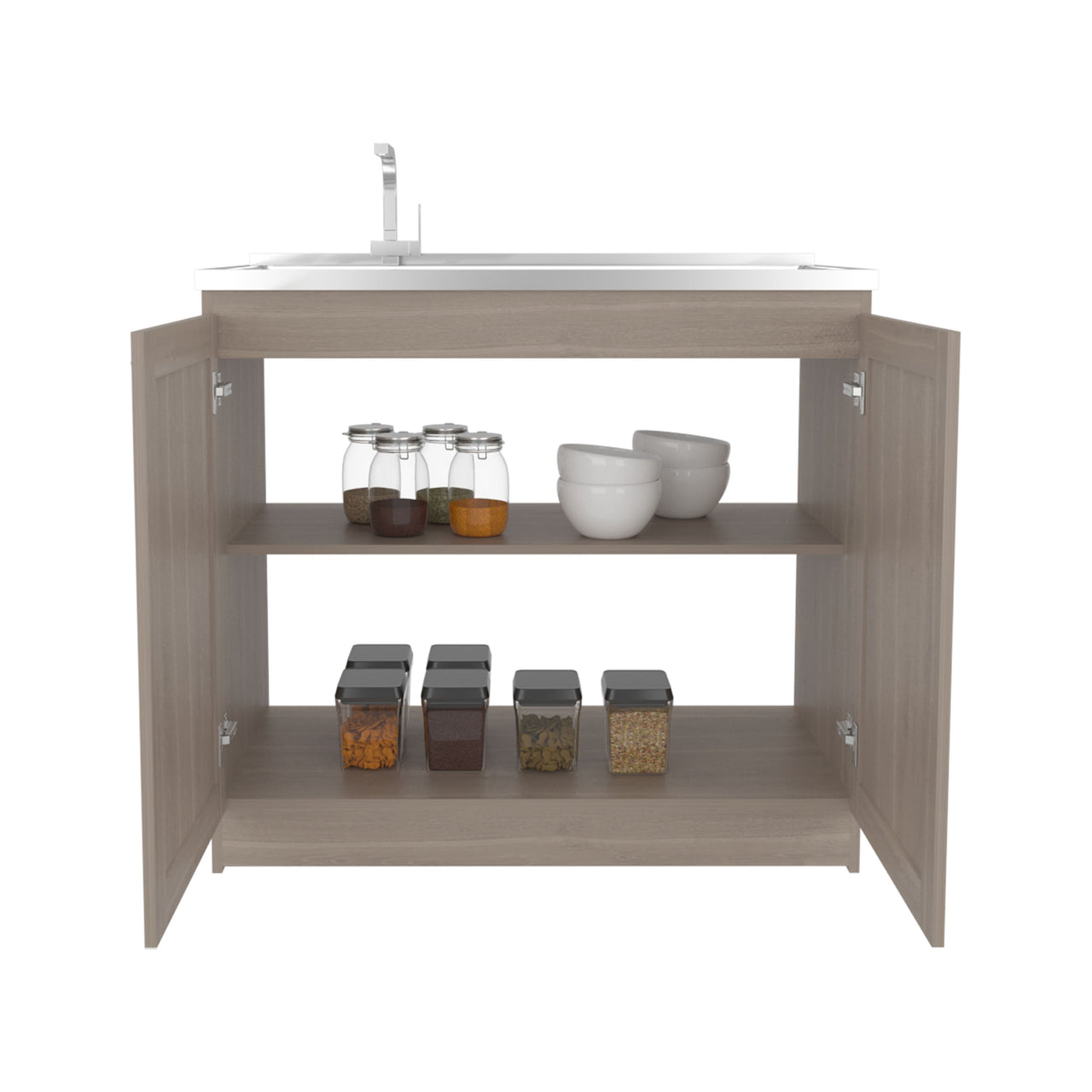 Zurich 39' Wide Utility Sink, Base Cabinet Two-Door Cabinet With Two Shelves, Stainless Steel Sink, Laundry Room, Garage Sink, Light Gray