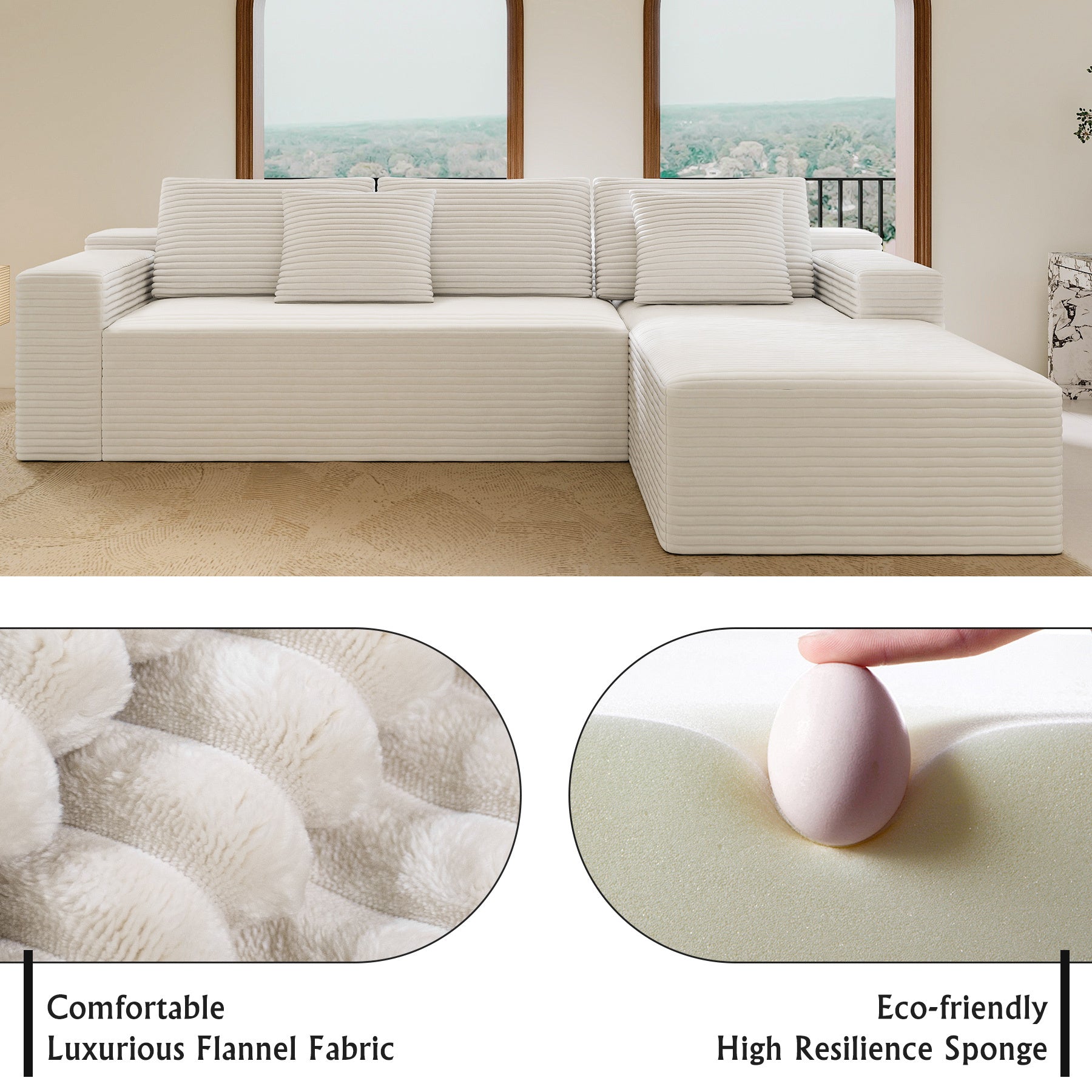 104.3*68.9'Modular sectional sofa seat,Upholstered compressed couch for living room,Bedroom,Apartment,No assembly required,2PC free combination,Plush corduroy fabric,WHTIE